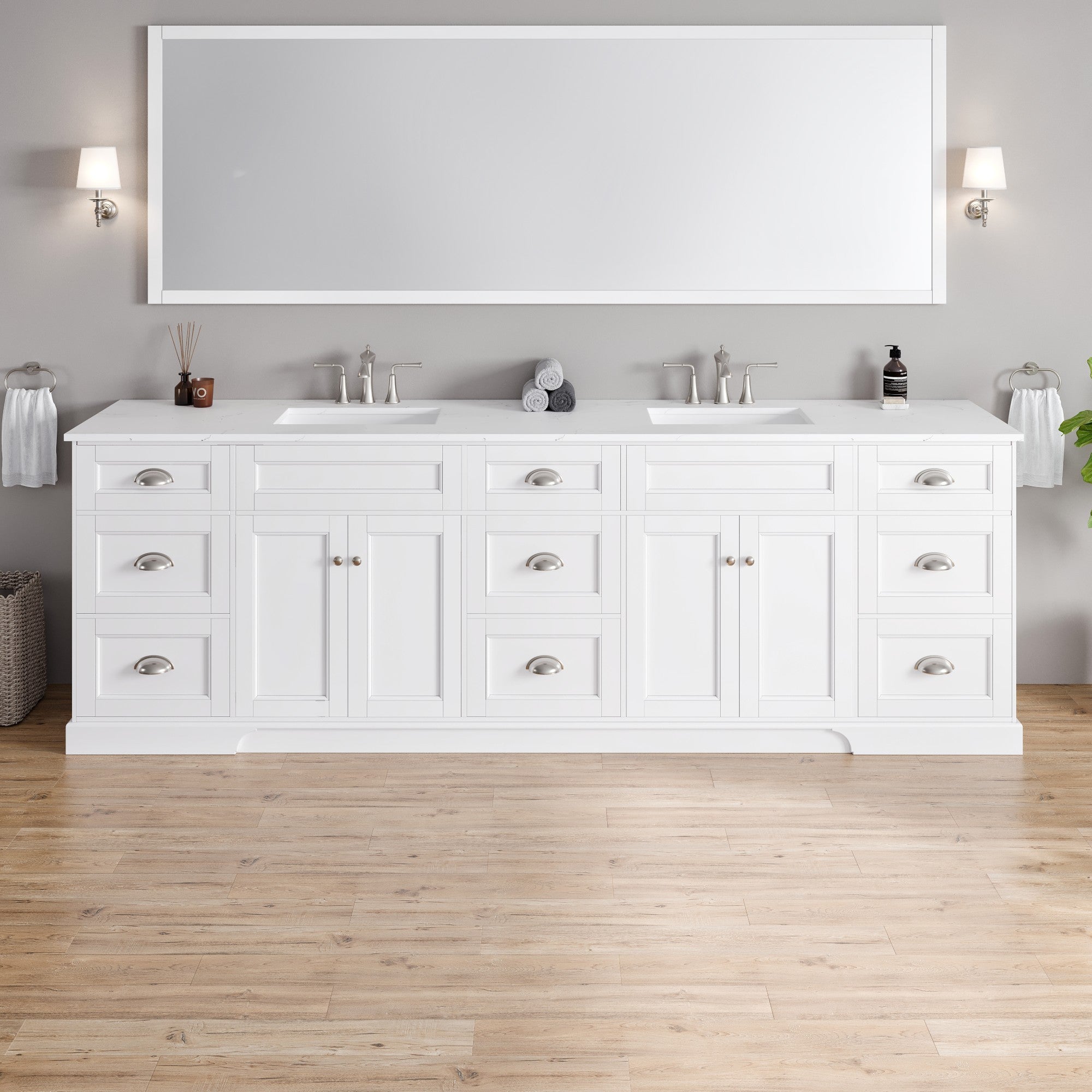 Eviva Epic Bath Vanity with Carrara Quartz Top and Undermount Porcelain Sinks (48"-100")