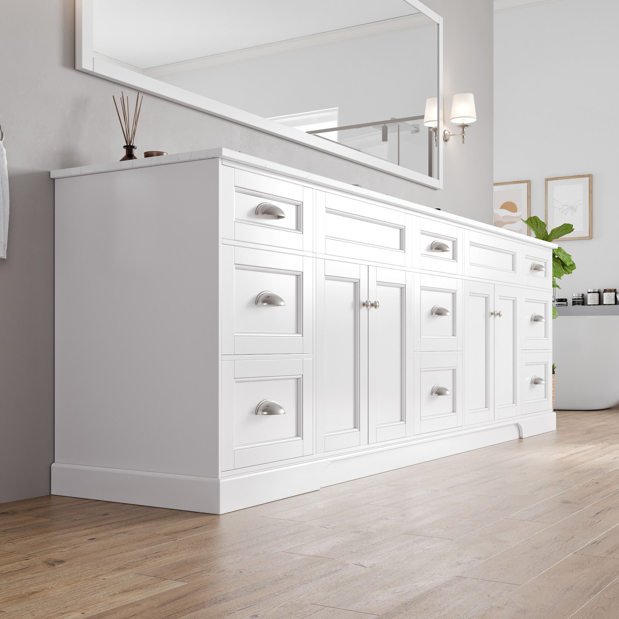 Eviva Epic Bath Vanity with Carrara Quartz Top and Undermount Porcelain Sinks (48"-100")