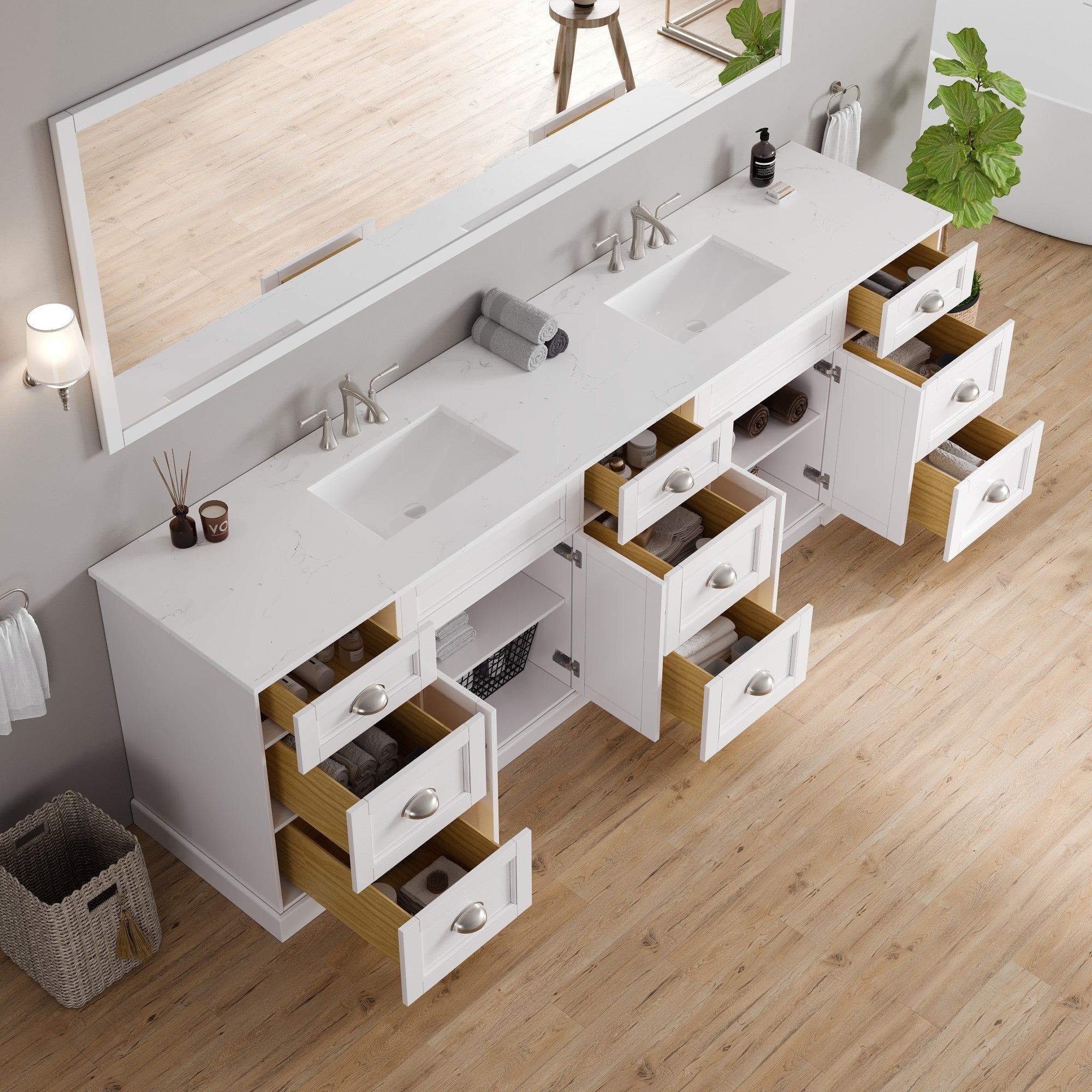 Eviva Epic Bath Vanity with Carrara Quartz Top and Undermount Porcelain Sinks (48"-100")