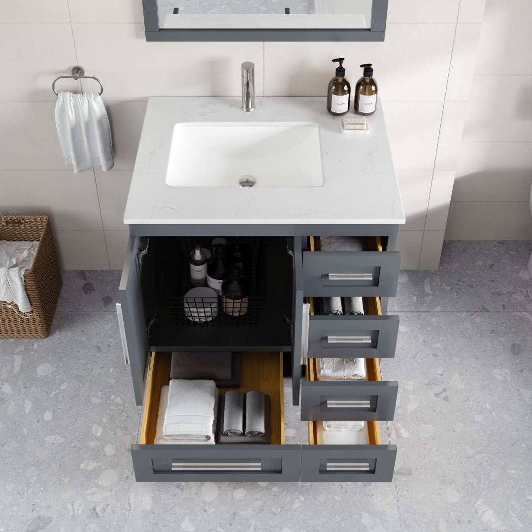 Eviva Loon Bath Vanity with Carrara Quartz Top and Undermount Porcelain Sink (28"-30")
