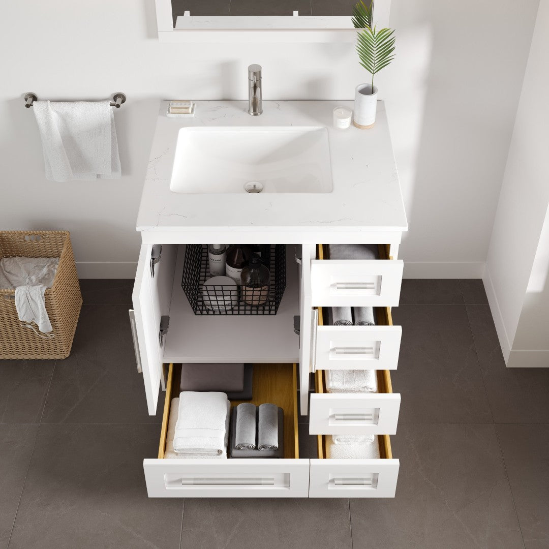 Eviva Loon Bath Vanity with Carrara Quartz Top and Undermount Porcelain Sink (28"-30")