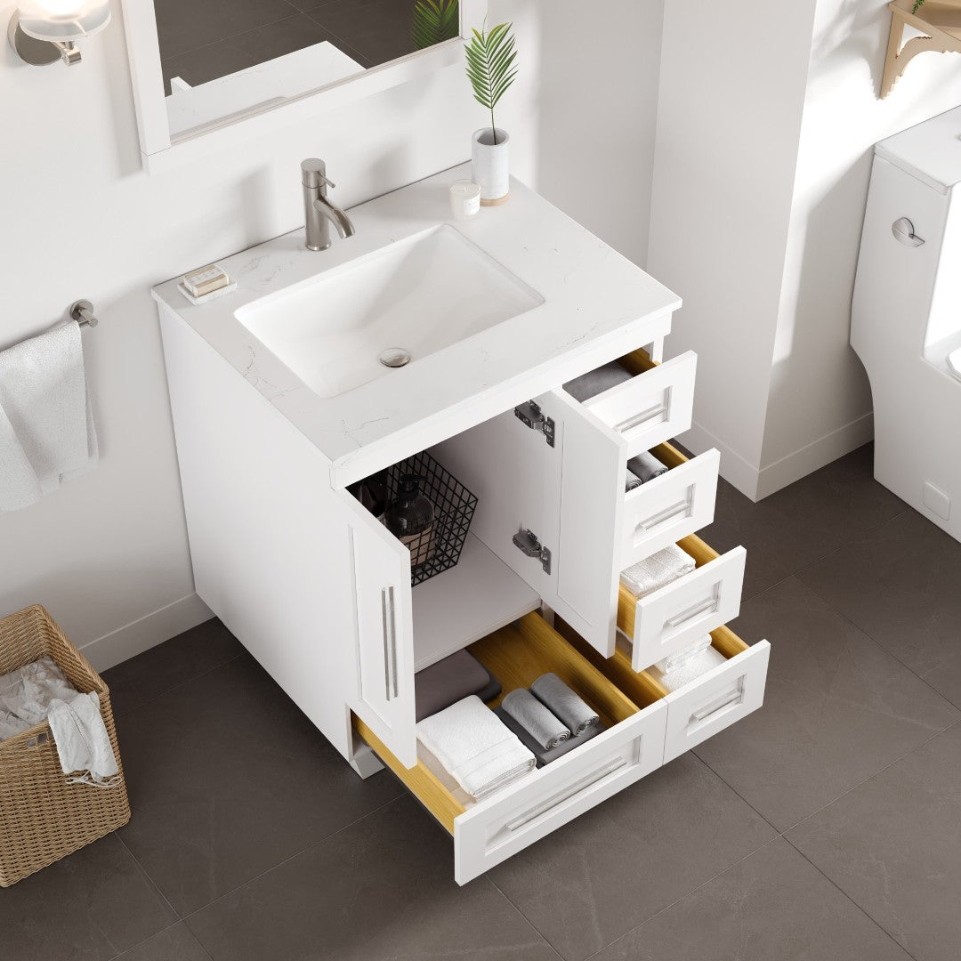 Eviva Loon Bath Vanity with Carrara Quartz Top and Undermount Porcelain Sink (28"-30")