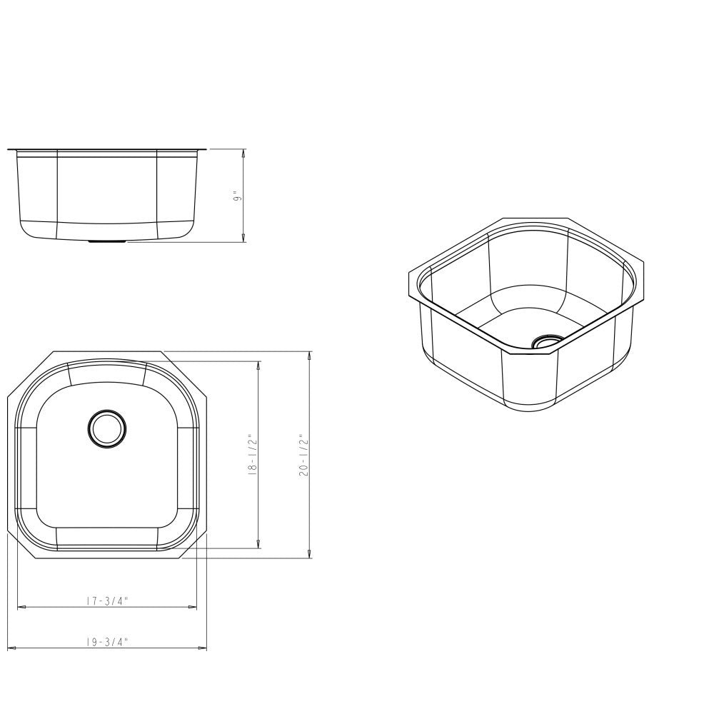 Hardware Resources 19-3/4" L x 20-1/2" W x 9" D Undermount 18 Gauge Stainless Steel Single Bowl Sink