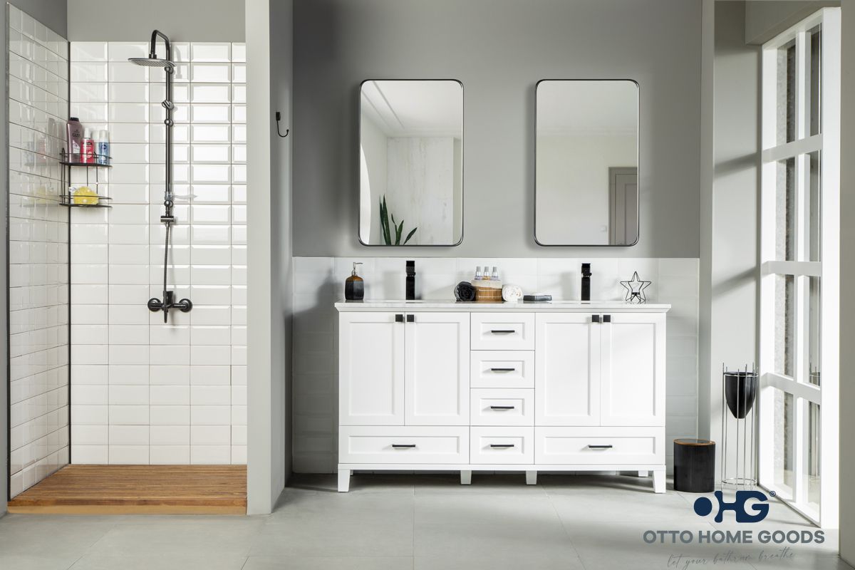 Paloma 60" White Double Bathroom Vanity with Quartz Top & Black Hardware