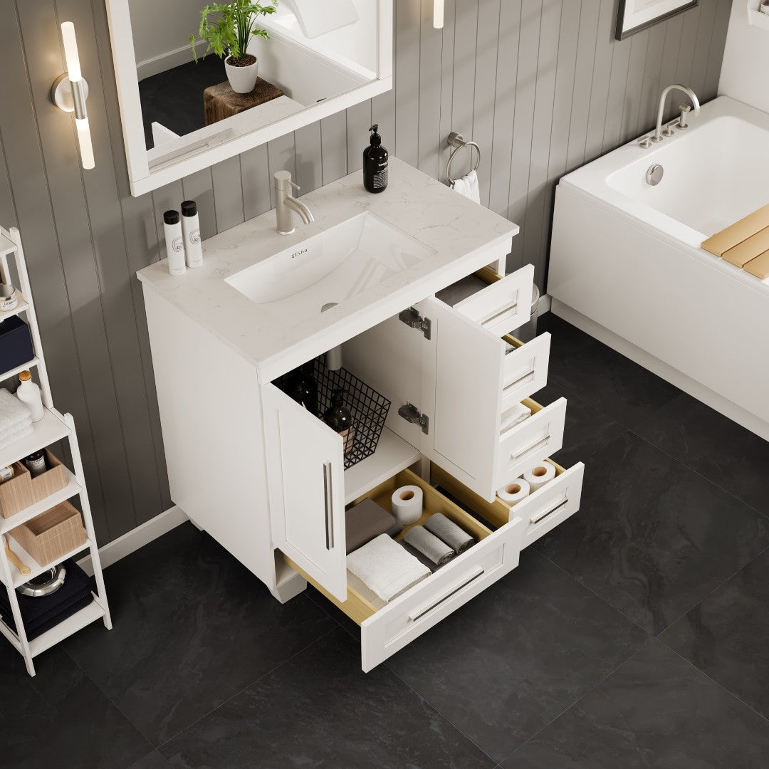 Eviva Loon Bath Vanity with Carrara Quartz Top and Undermount Porcelain Sink (28"-30")