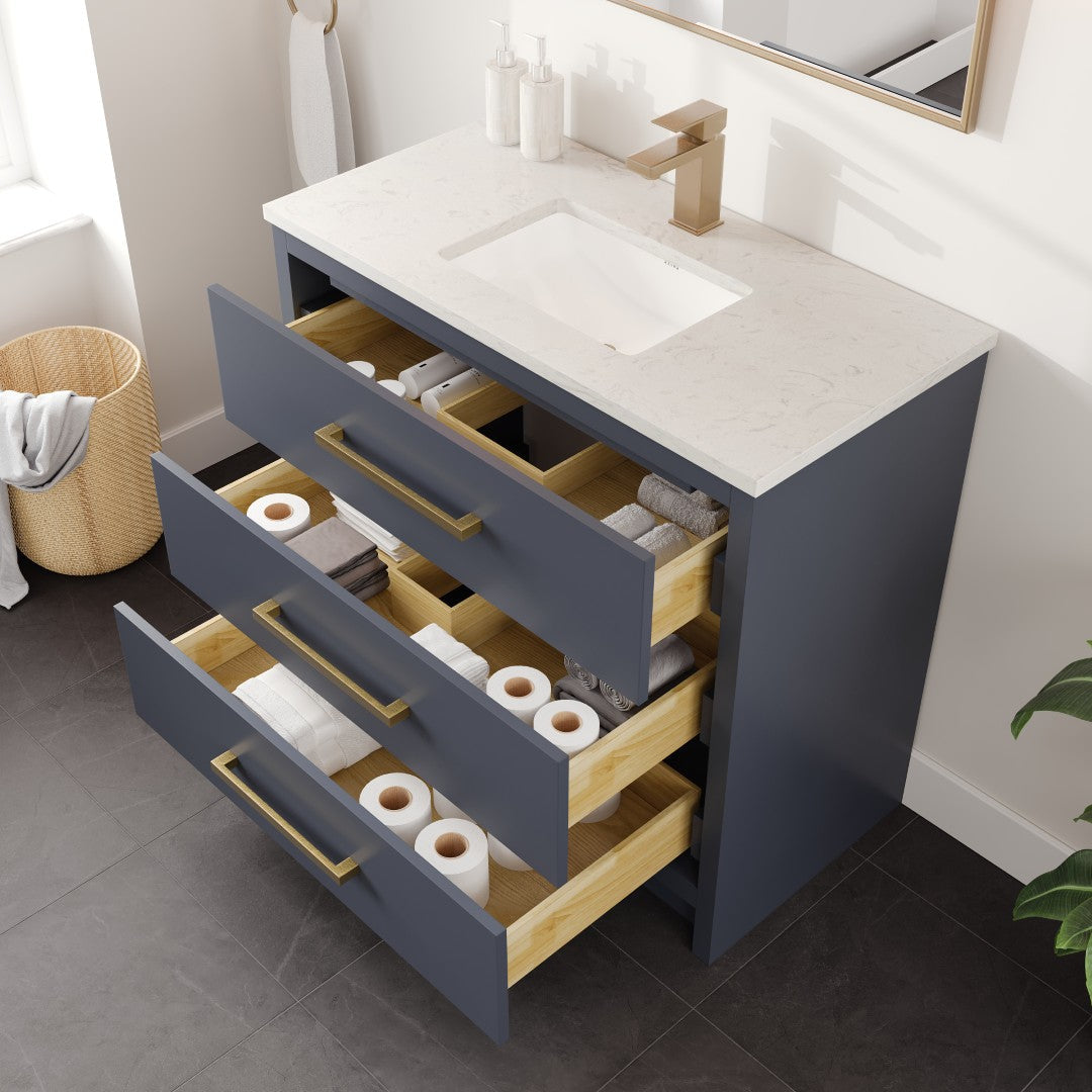 Eviva Curio Bath Vanity with Carrara Quartz Top and Undermount Porcelain Sink (24"-60")
