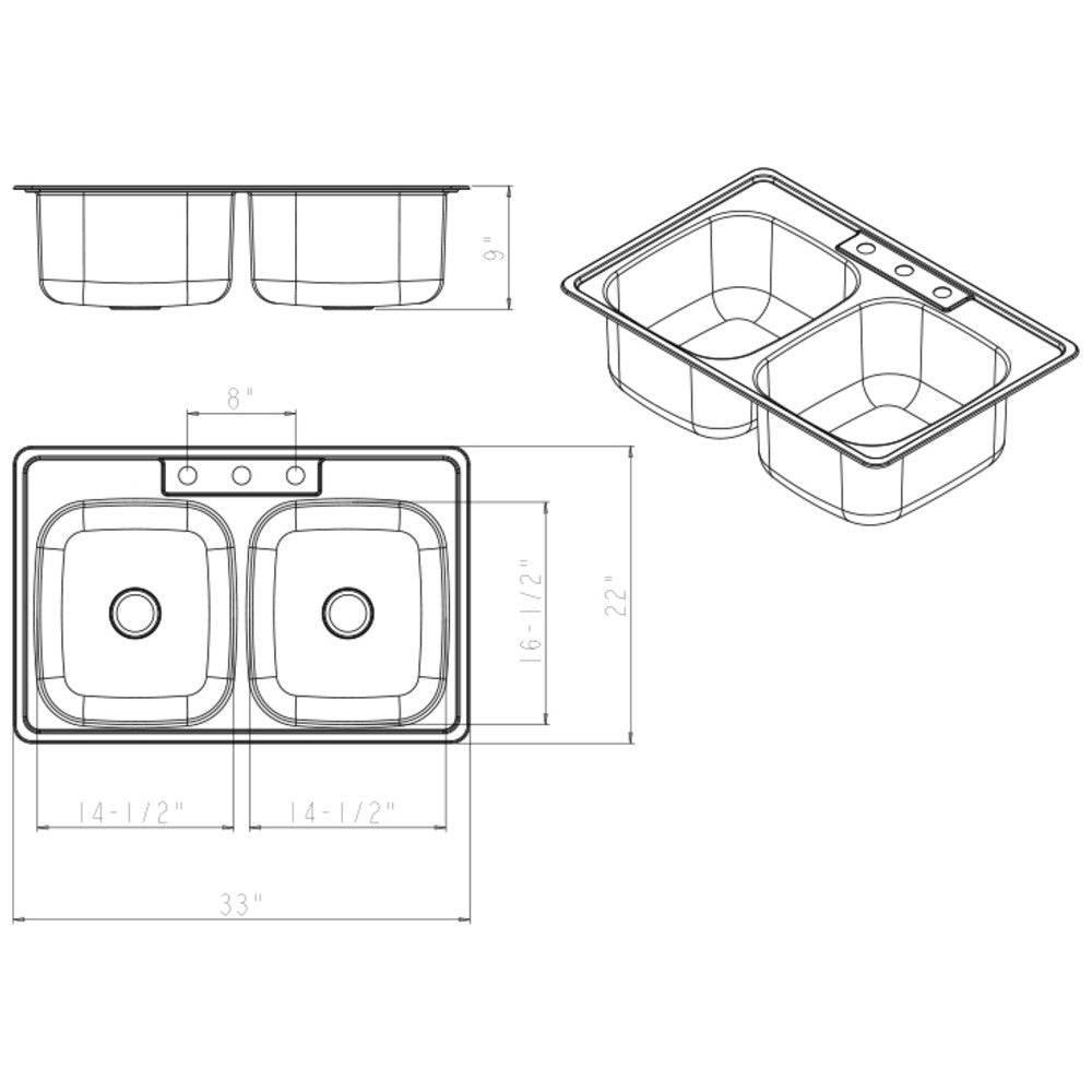 Hardware Resources 33" L x 22" W x 9" D Drop-In 20 Gauge Stainless Steel 50/50 Double Bowl Sink