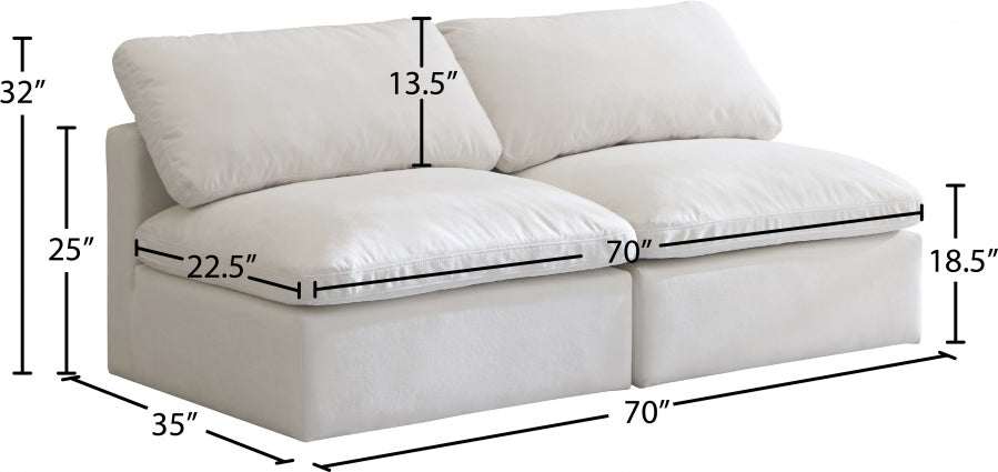 Plush 70" Velvet Upholstered Standard Comfort 2pc. Armless Modular Loveseat