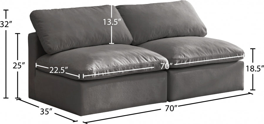 Plush 70" Velvet Upholstered Standard Comfort 2pc. Armless Modular Loveseat