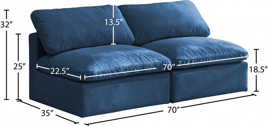 Plush 70" Velvet Upholstered Standard Comfort 2pc. Armless Modular Loveseat