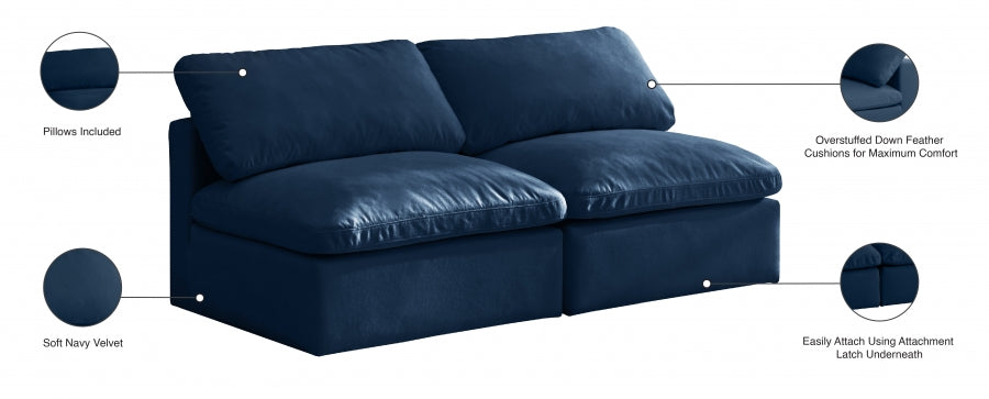 Plush 70" Velvet Upholstered Standard Comfort 2pc. Armless Modular Loveseat
