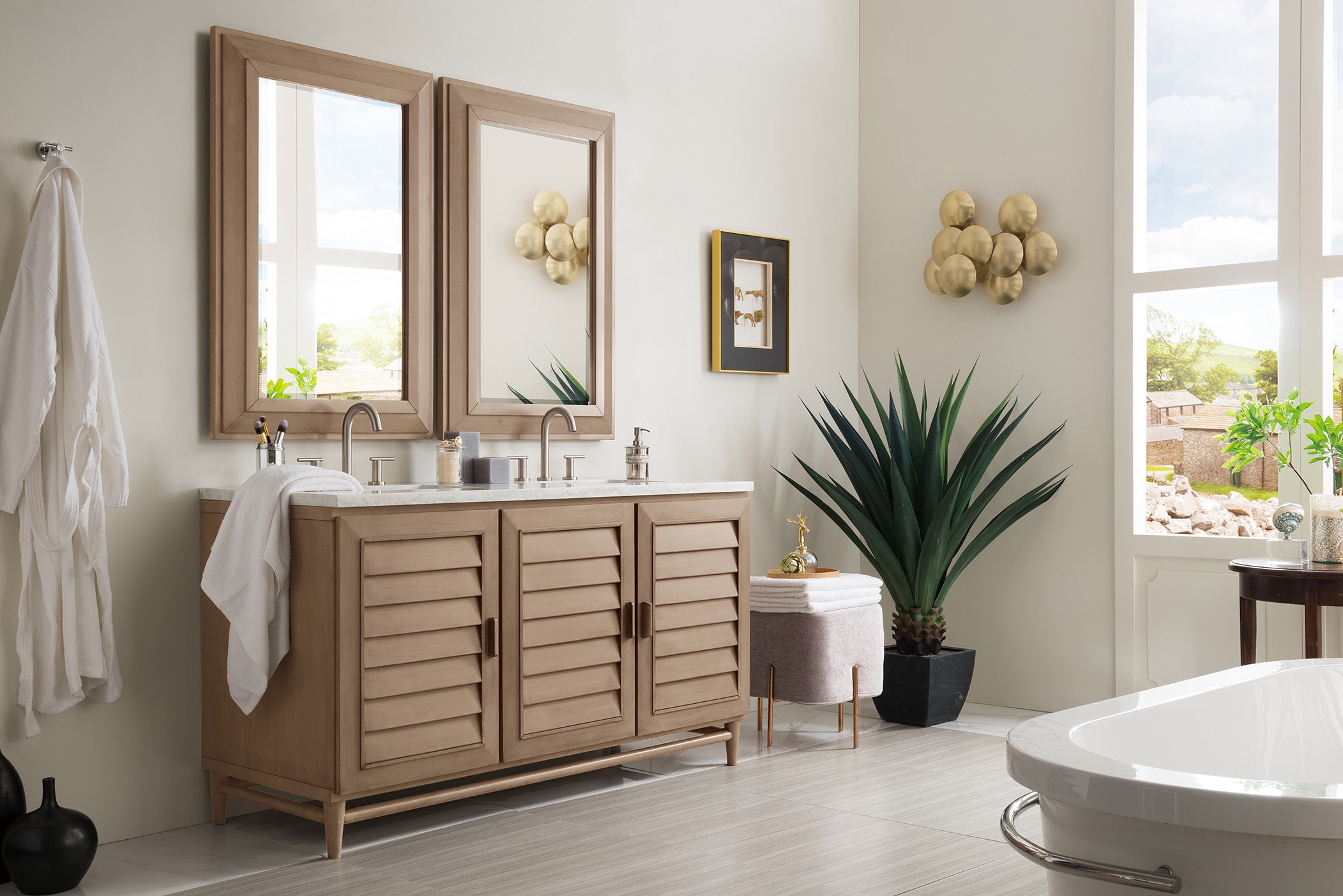 James Martin Portland 60" Double Vanity in Whitewashed Walnut with 3cm Countertop