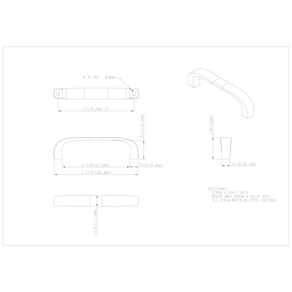 Hardware Resources 3" Center-to-Center Satin Nickel Square Slade Cabinet Pull