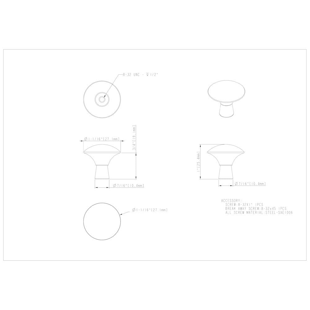 Hardware Resources 1-1/16" Diameter Satin Nickel Zachary Cabinet Mushroom Knob