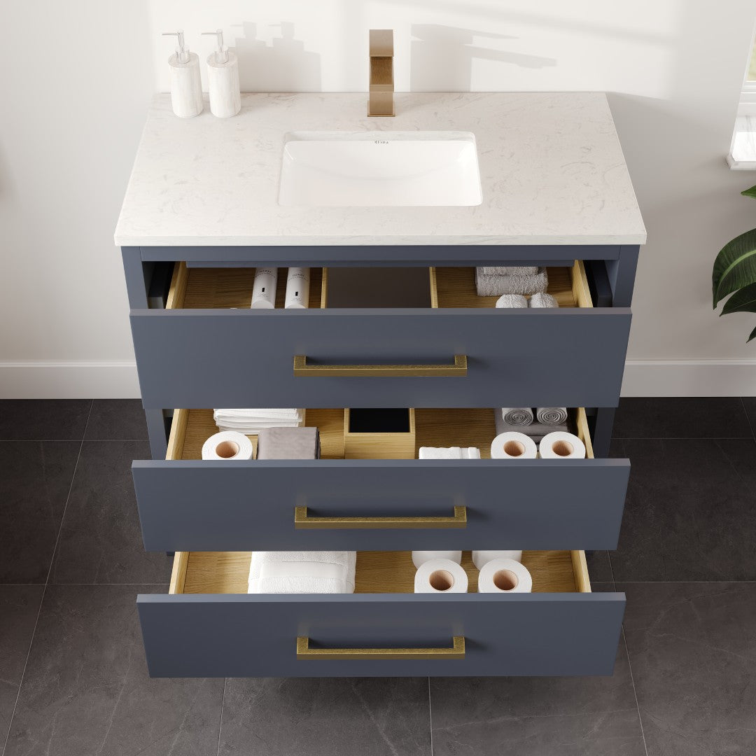 Eviva Curio Bath Vanity with Carrara Quartz Top and Undermount Porcelain Sink (24"-60")