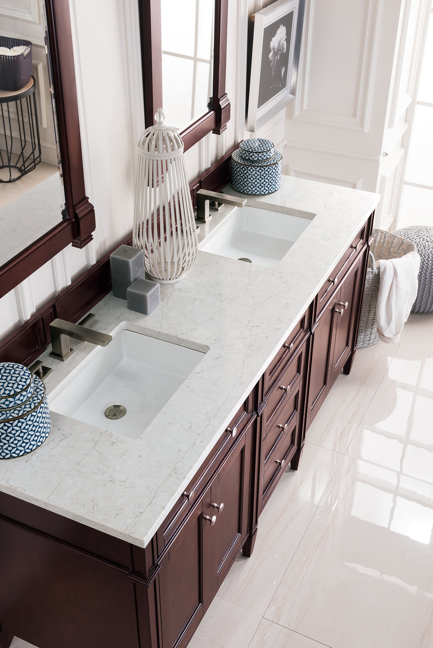 James Martin Brittany 72" Double Vanity in Burnished Mahogany with 3cm Countertop and FreePower Wireless Charger