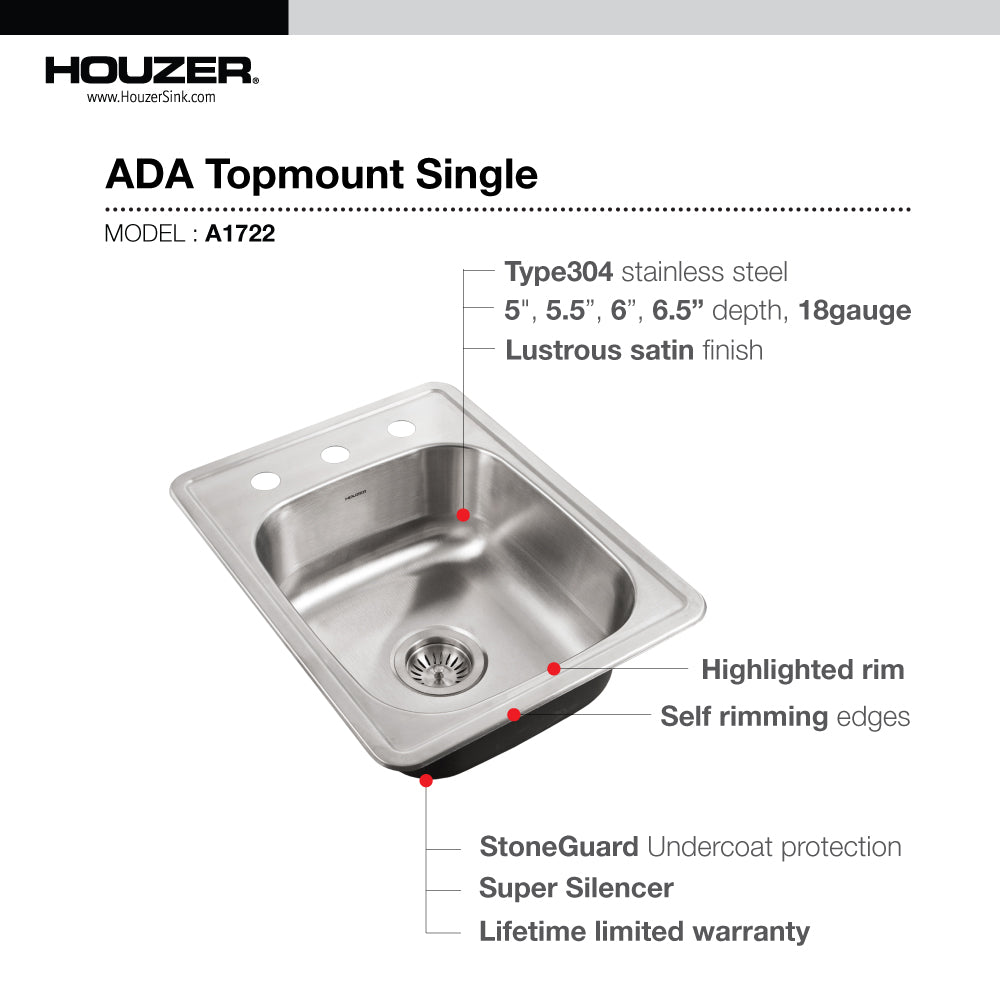Houzer ADA Compliant 17 inch Stainless Steel Drop-in Topmount 3-hole 6 inch Deep Large Bar and Prep Sink - A1722-603-1