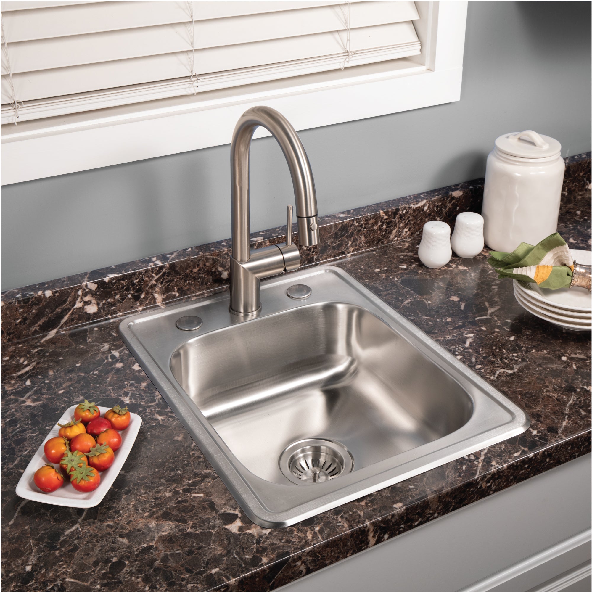 Houzer ADA Glowtone 17" Stainless Steel Drop-in Topmount 3-hole Single Bowl Kitchen Sink with Strainer