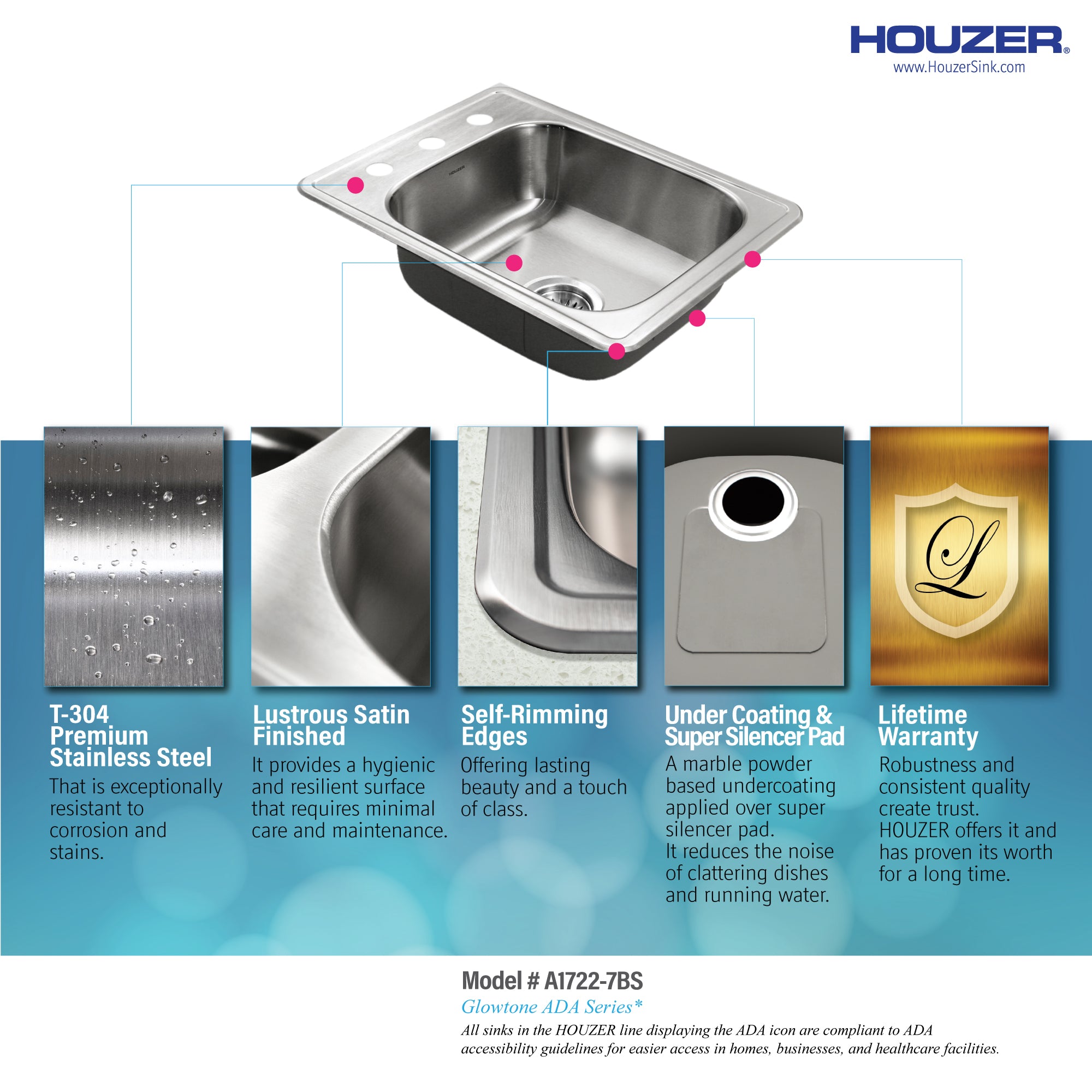 Houzer ADA Glowtone 17" Stainless Steel Drop-in Topmount 3-hole Single Bowl Kitchen Sink with Strainer