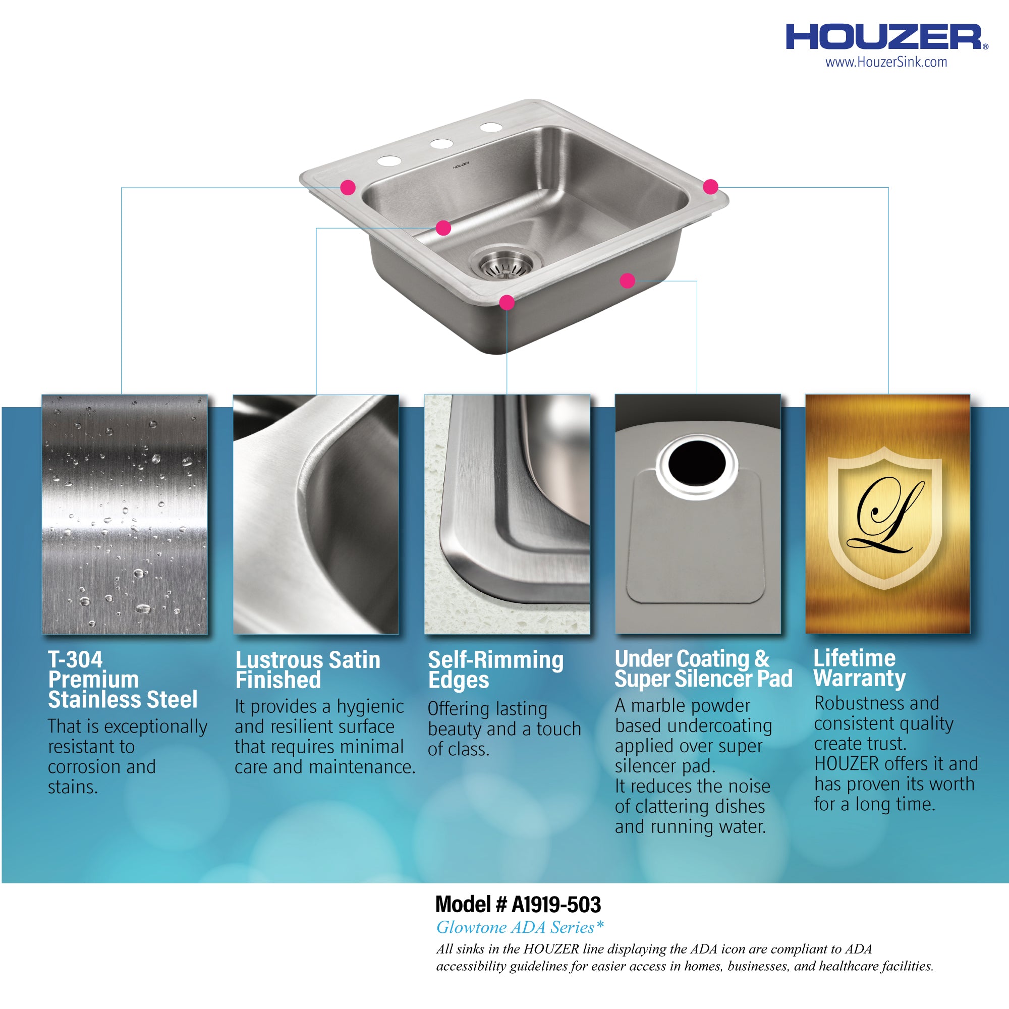 Houzer ADA Compliant 19 inch Stainless Steel Drop-in Topmount 3-hole 5 inch Deep Single Bowl Kitchen Sink - A1919-503-1