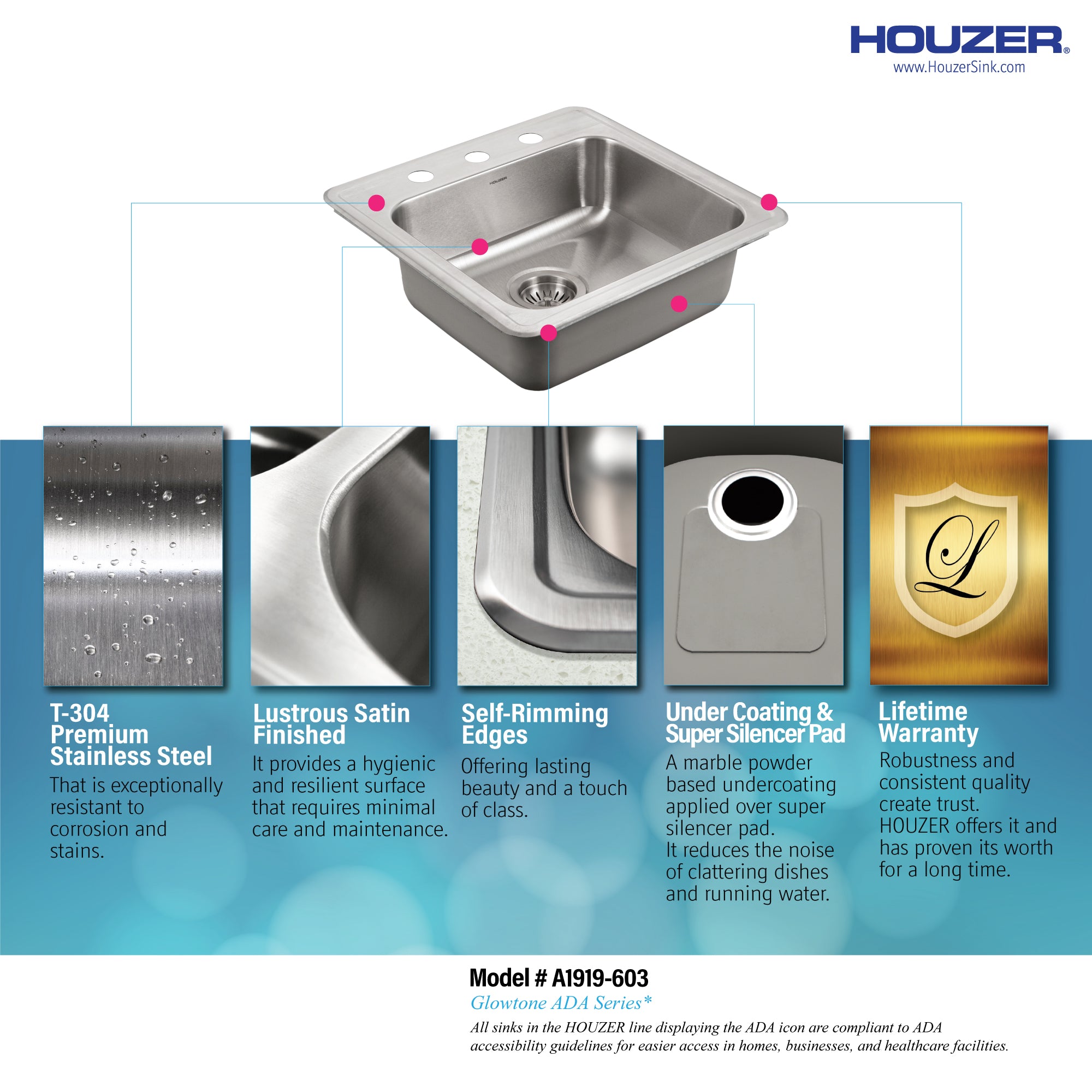 Houzer ADA Compliant 19 inch Stainless Steel Drop-in Topmount 3-hole 5 inch Deep Single Bowl Kitchen Sink - A1919-603-1
