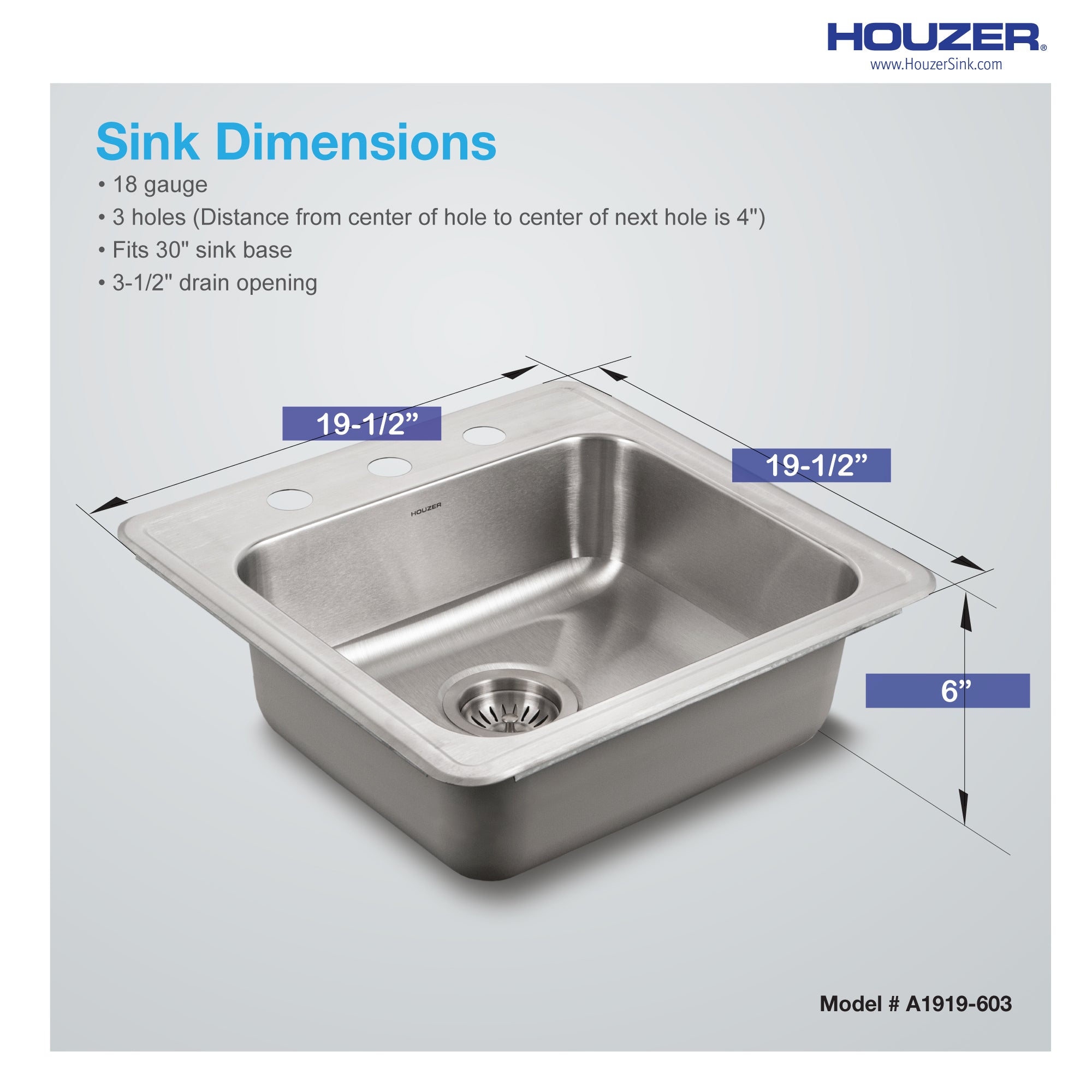 Houzer ADA Compliant 19 inch Stainless Steel Drop-in Topmount 3-hole 5 inch Deep Single Bowl Kitchen Sink - A1919-603-1