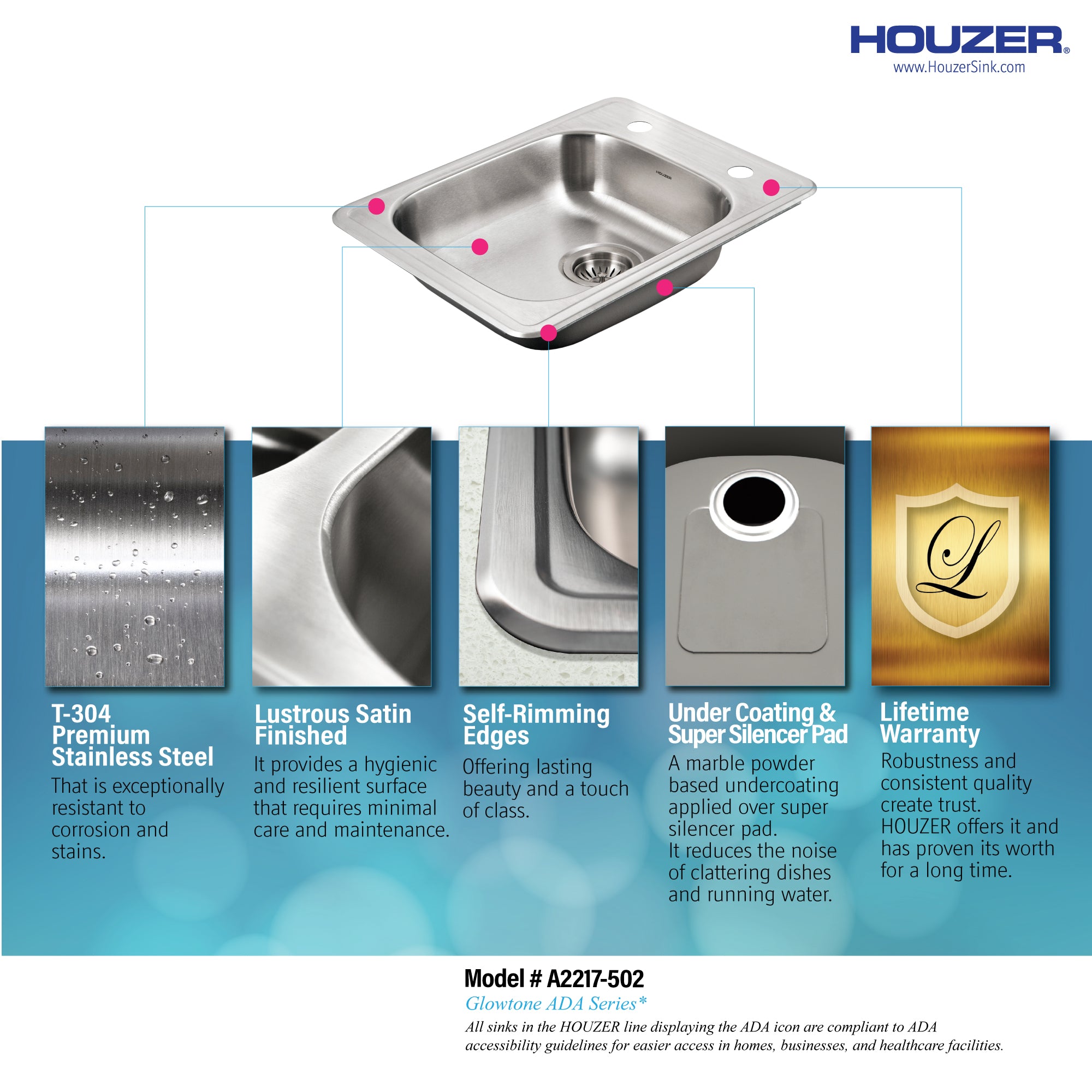 Houzer ADA Compliant 22 inch Stainless Steel Drop-in Topmount 2-hole 5 inch Deep Single Bowl Kitchen Sink
