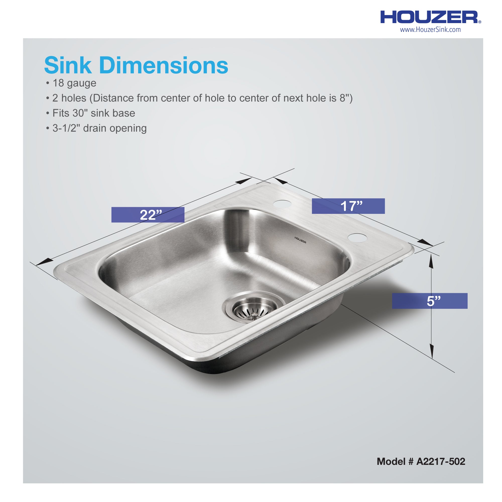 Houzer ADA Compliant 22 inch Stainless Steel Drop-in Topmount 2-hole 5 inch Deep Single Bowl Kitchen Sink