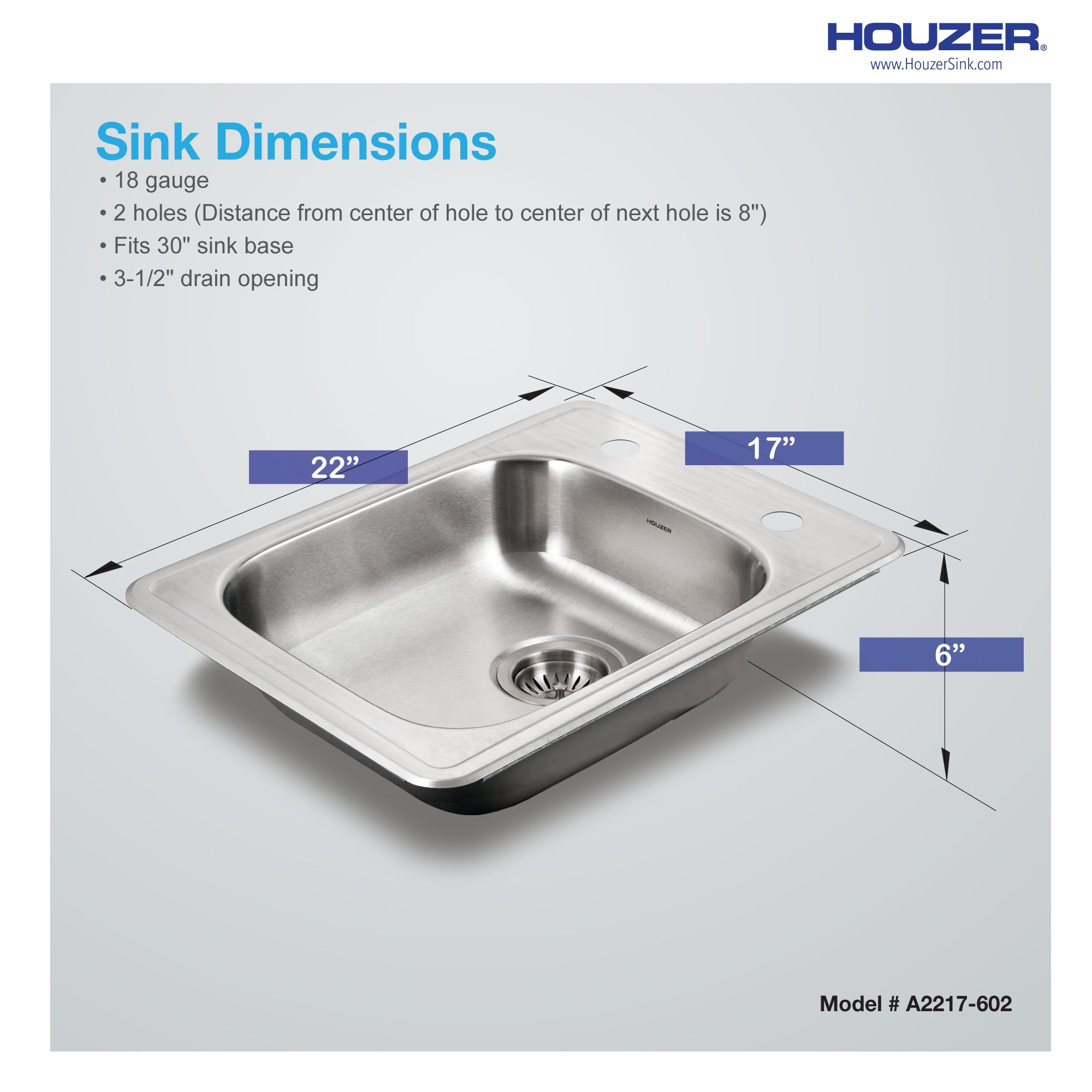 Houzer ADA Compliant 22 inch Stainless Steel Drop-in Topmount 2-hole 6 inch Deep Single Bowl Kitchen Sink - A2217-602-1