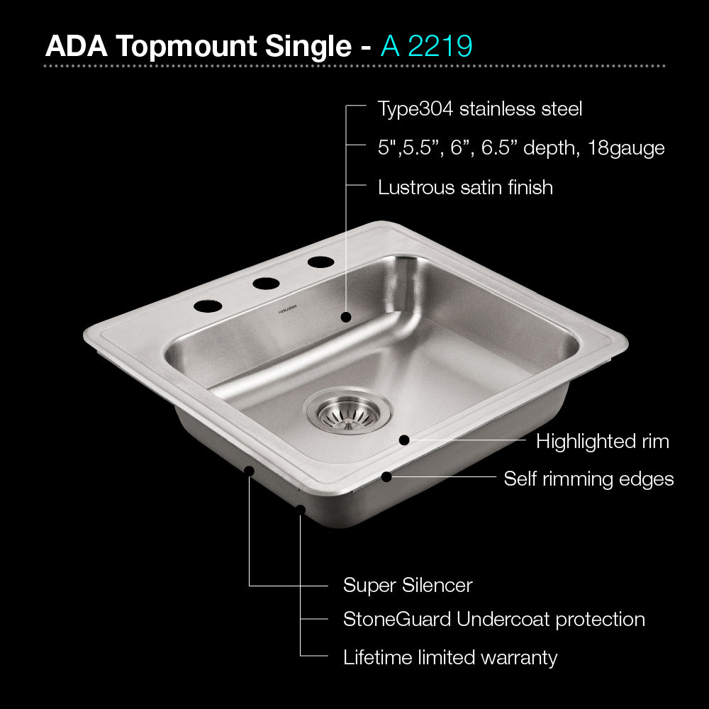 Houzer ADA Compliant 22 inch Stainless Steel Drop-in Topmount 3-hole 5 inch Deep Single Bowl Kitchen Sink - A2219-503-1