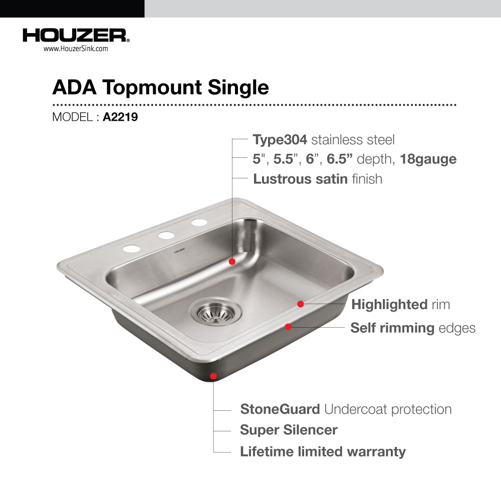 Houzer ADA Compliant 22 inch Stainless Steel Drop-in Topmount 3-hole 5 inch Deep Single Bowl Kitchen Sink - A2219-503-1