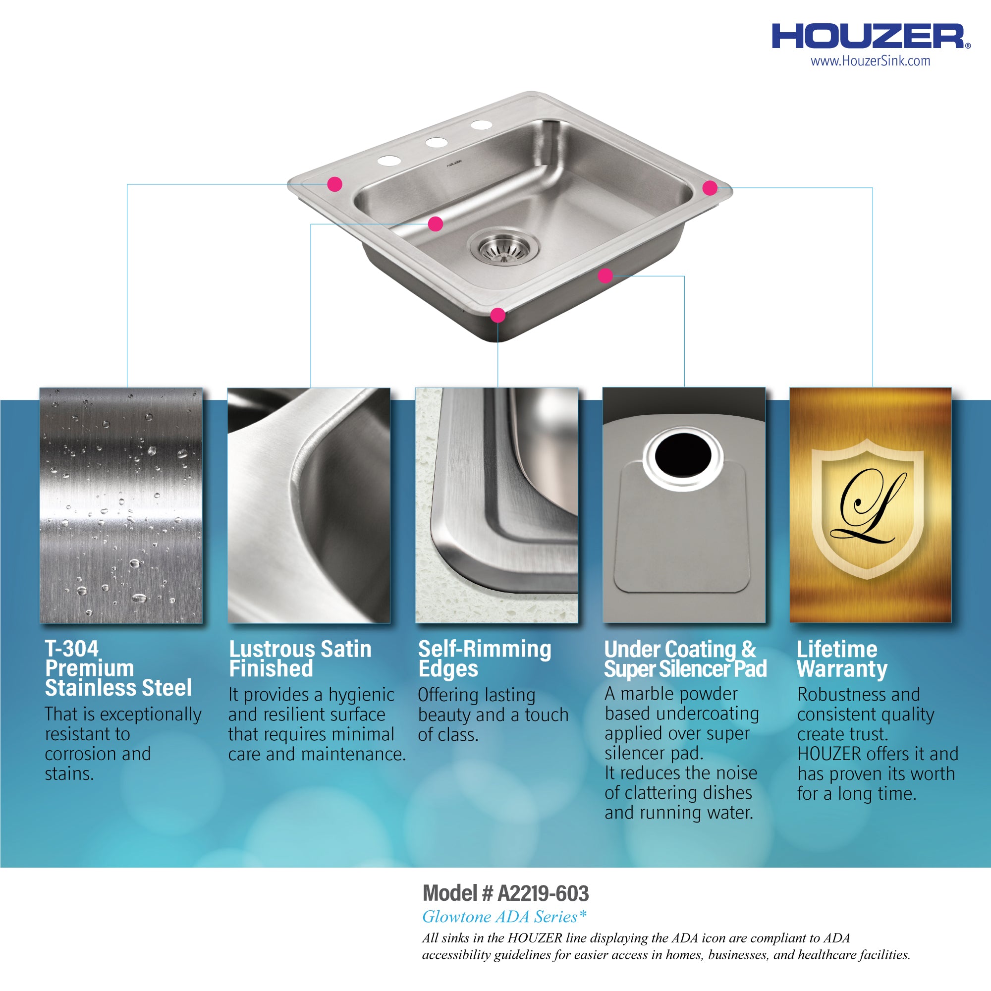 Houzer ADA Compliant 22 inch Stainless Steel Drop-in Topmount 3-hole 6 inch Deep Single Bowl Kitchen Sink - A2219-603-1