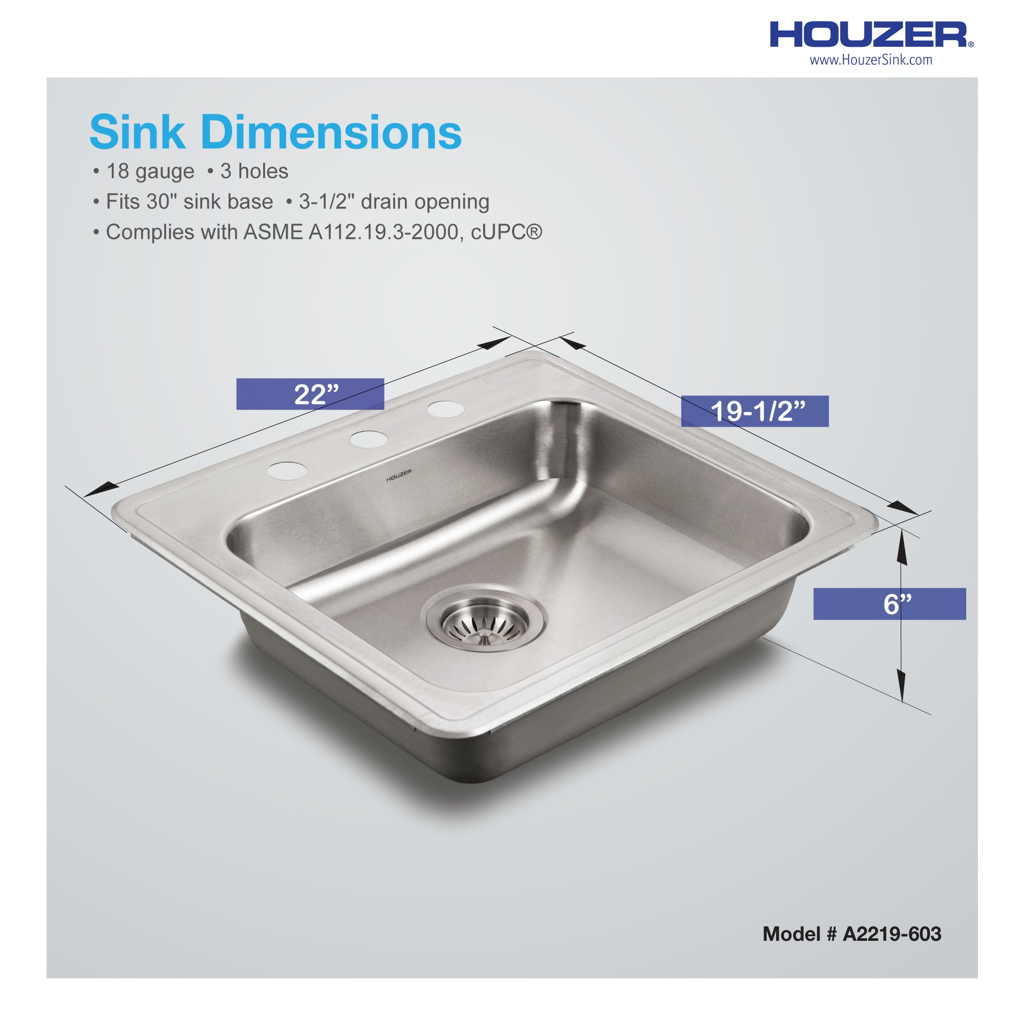Houzer ADA Compliant 22 inch Stainless Steel Drop-in Topmount 3-hole 6 inch Deep Single Bowl Kitchen Sink - A2219-603-1