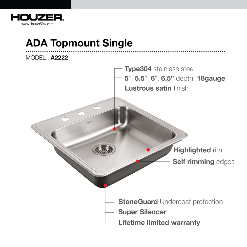 Houzer ADA Compliant 22 inch Stainless Steel Drop-in Topmount 3-hole 6 inch Deep Single Bowl Kitchen Sink - A2222-603-1