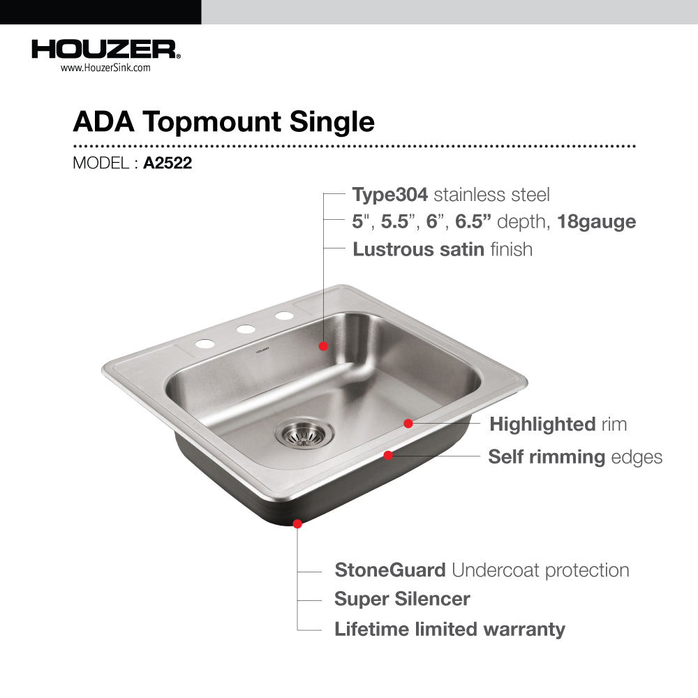 Houzer ADA Compliant 25 inch Stainless Steel Drop-in Topmount 3-hole 5 inch Deep Single Bowl Kitchen Sink - A2522-503-1