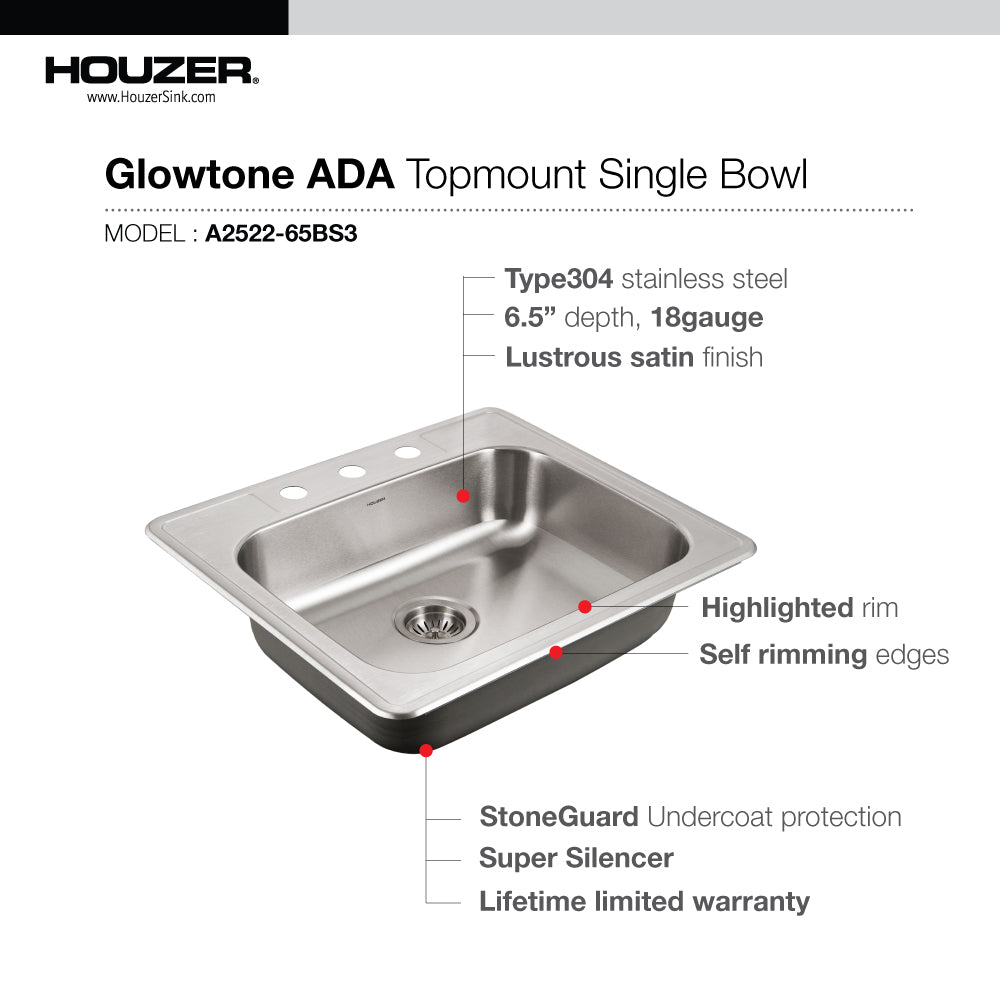 25" x 22" Stainless Steel Topmount 3-hole Single Bowl Kitchen Sink