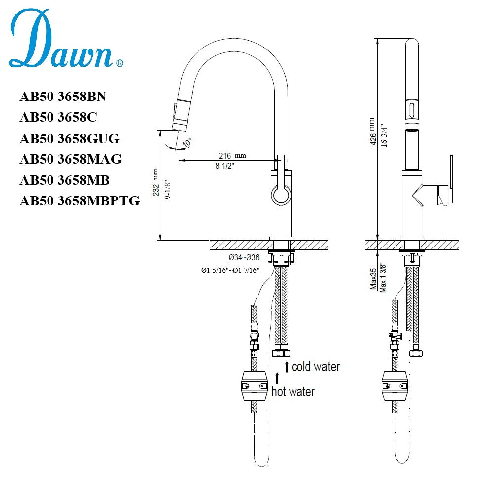 Dawn Single Lever Pull-out Spray Kitchen Faucet AB50 3658