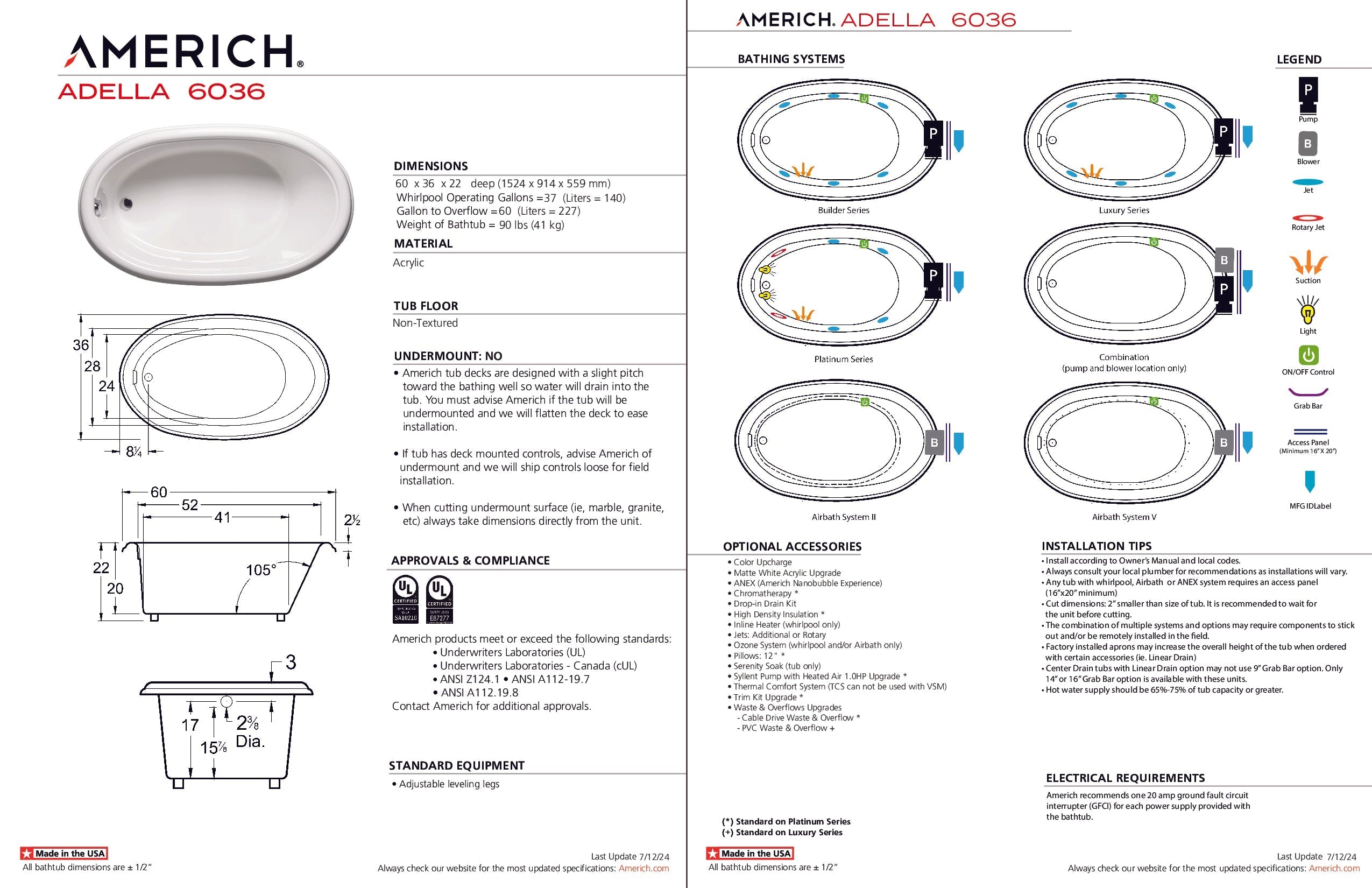 Americh Adella 6036 - Luxury Series Drop-in Bathtub AD6036L-WH