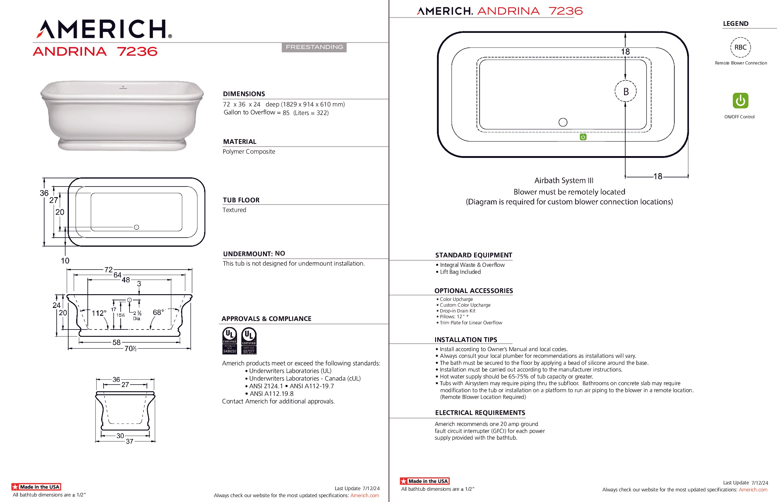 Americh Andrina 7236 - Tub Only Freestanding Bathtub AN7236T-WH