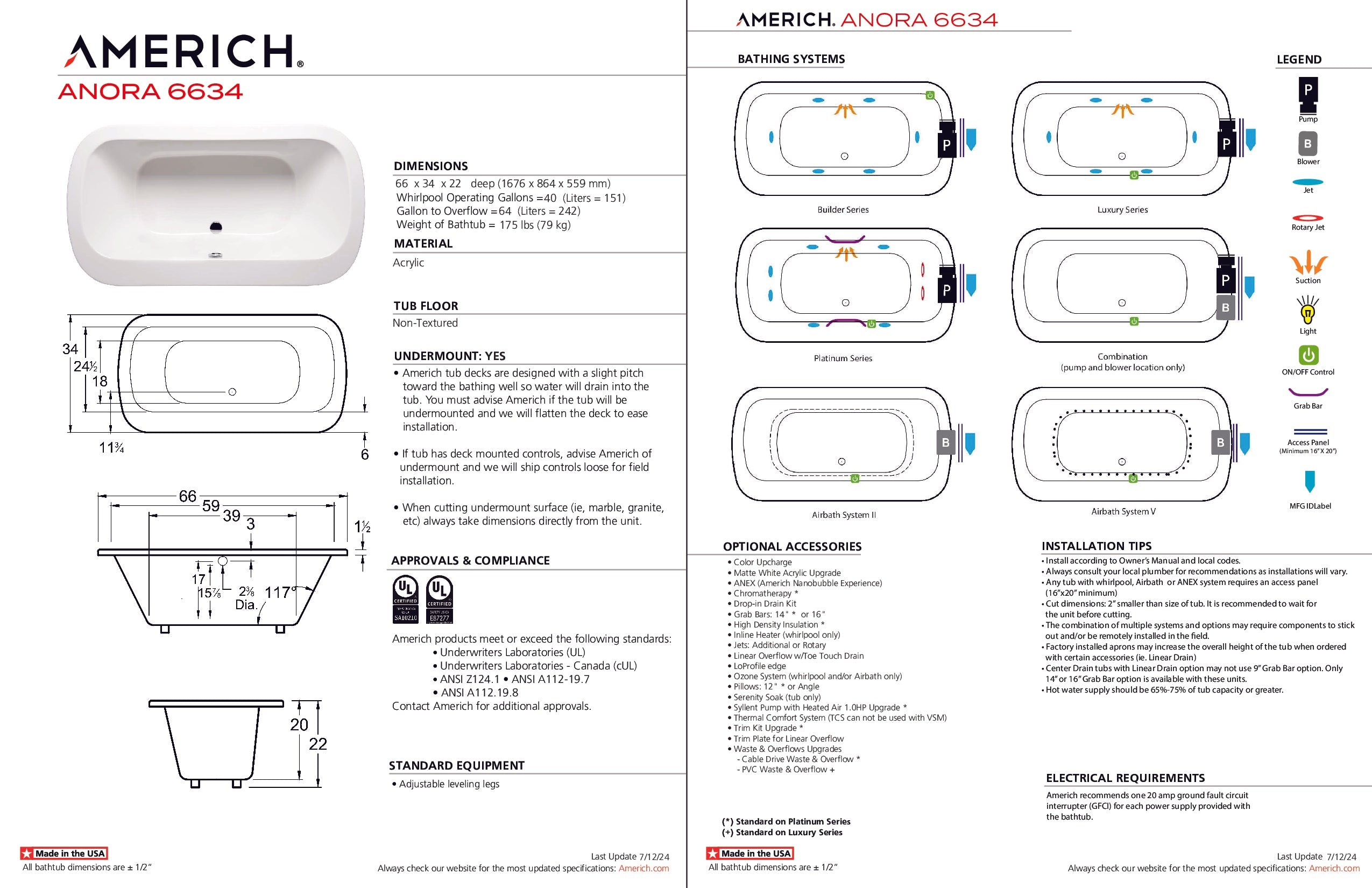 Americh Anora 6634 - Luxury Series Drop-in Bathtub AO6634L-WH