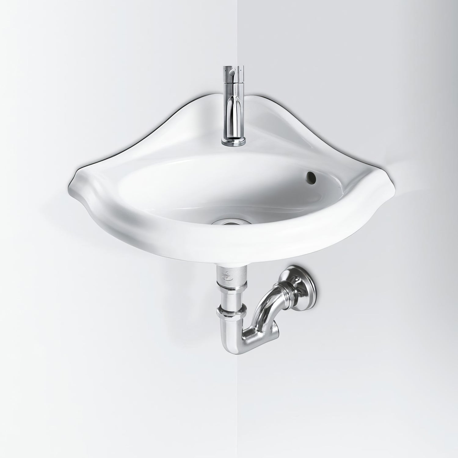Isabella Collection Corner Wall Mount Basin with Oval Bowl, Backsplash, Decorative Trim Overflow and Single Hole Faucet Drilling