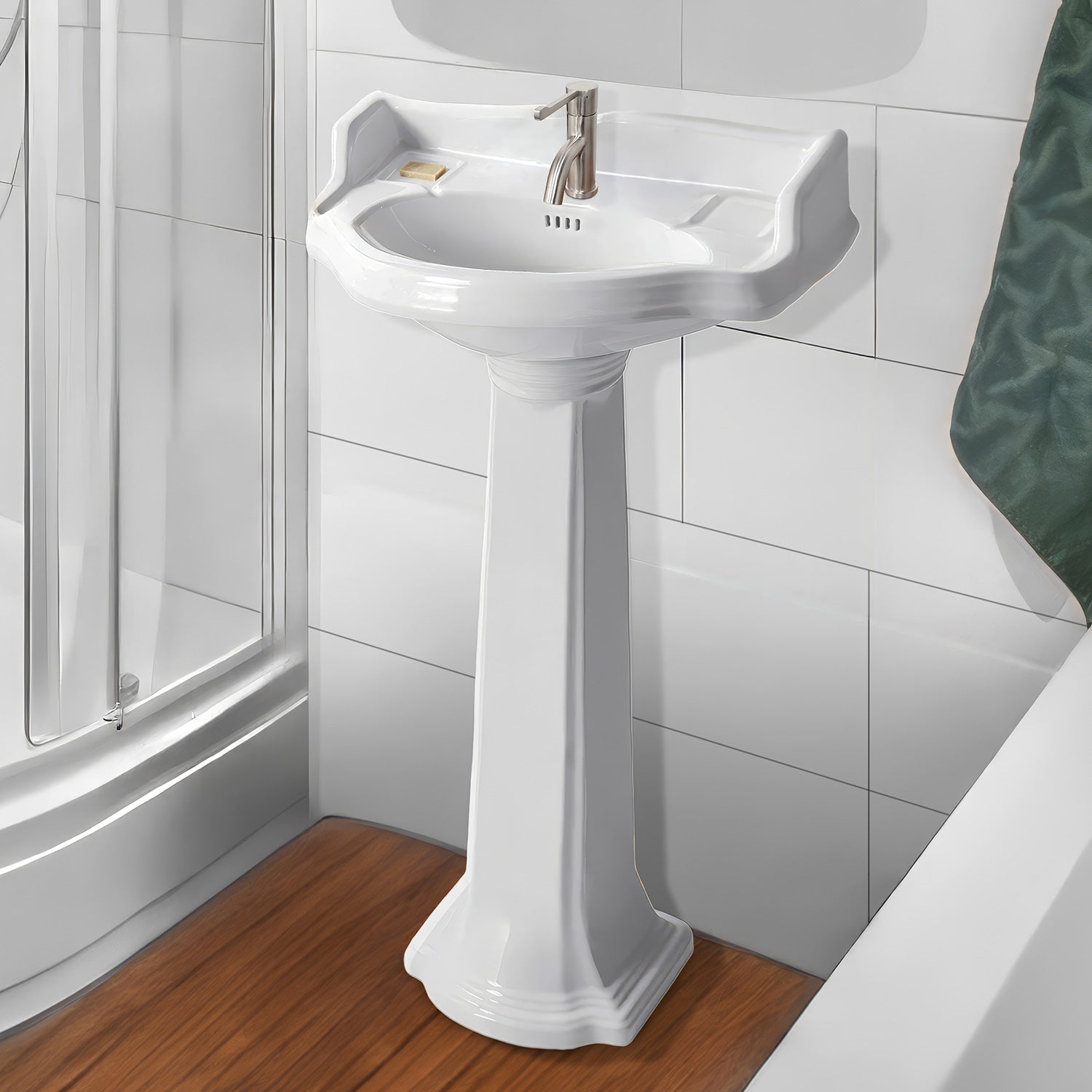 Isabella Collection Traditional Pedestal with an Integrated small oval bowl,Backsplash, Dual Soap Ledges, Decorative Trim and Overflow