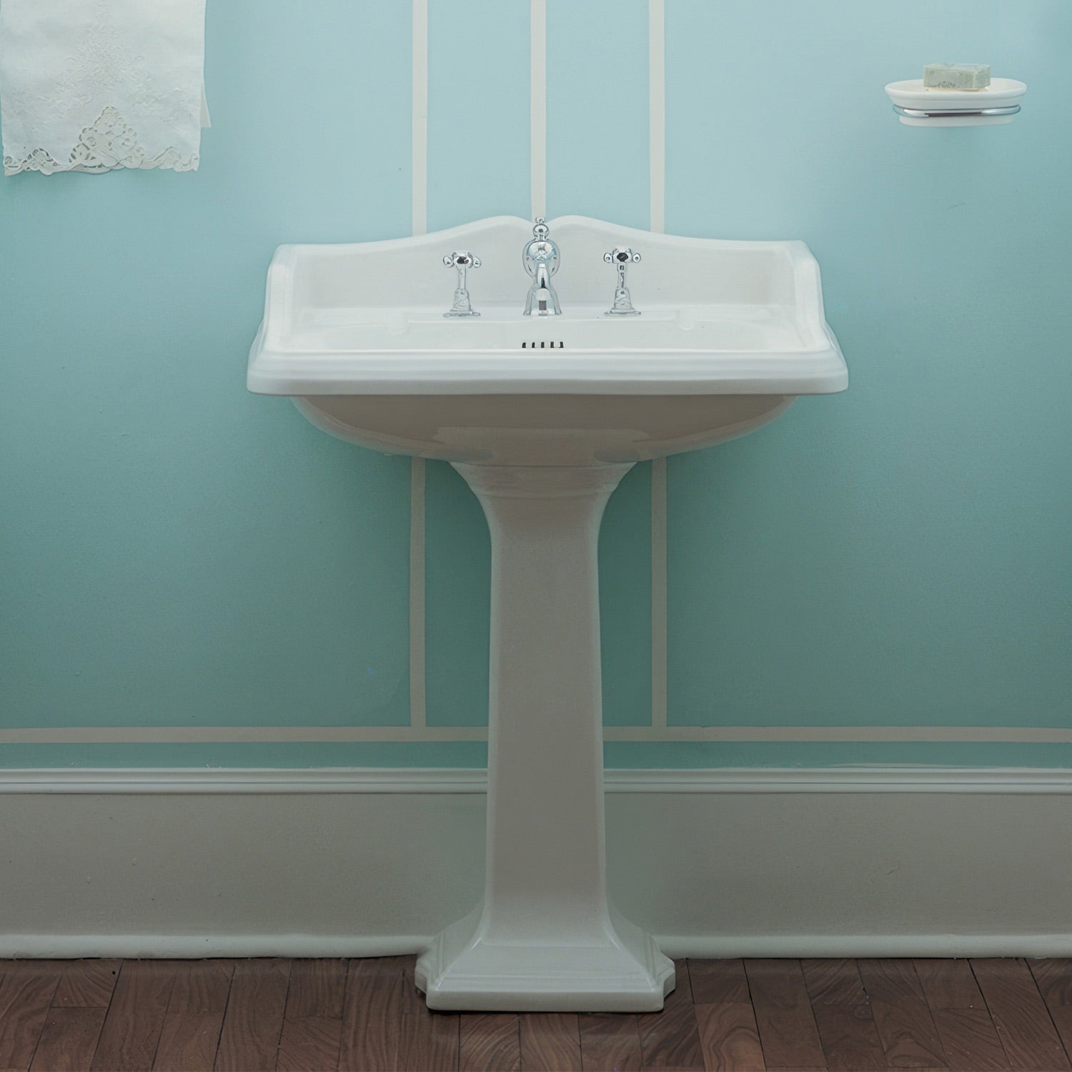 Isabella Collection Traditional Pedestal with an Integrated large Rectangular Bowl,Backsplash, Dual Soap Ledges, Decorative Trim and Overflow