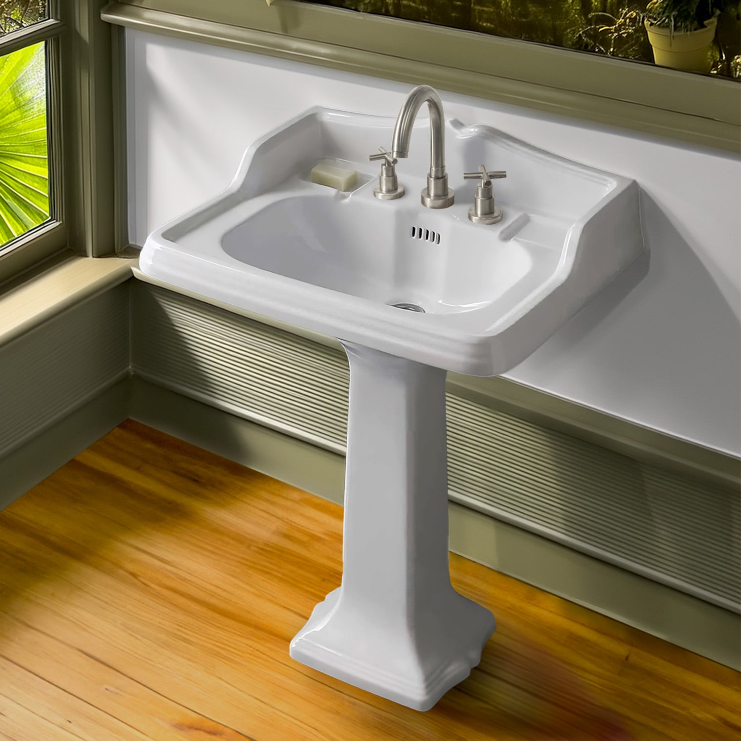 Isabella Collection Traditional Pedestal with an Integrated large Rectangular Bowl,Backsplash, Dual Soap Ledges, Decorative Trim and Overflow
