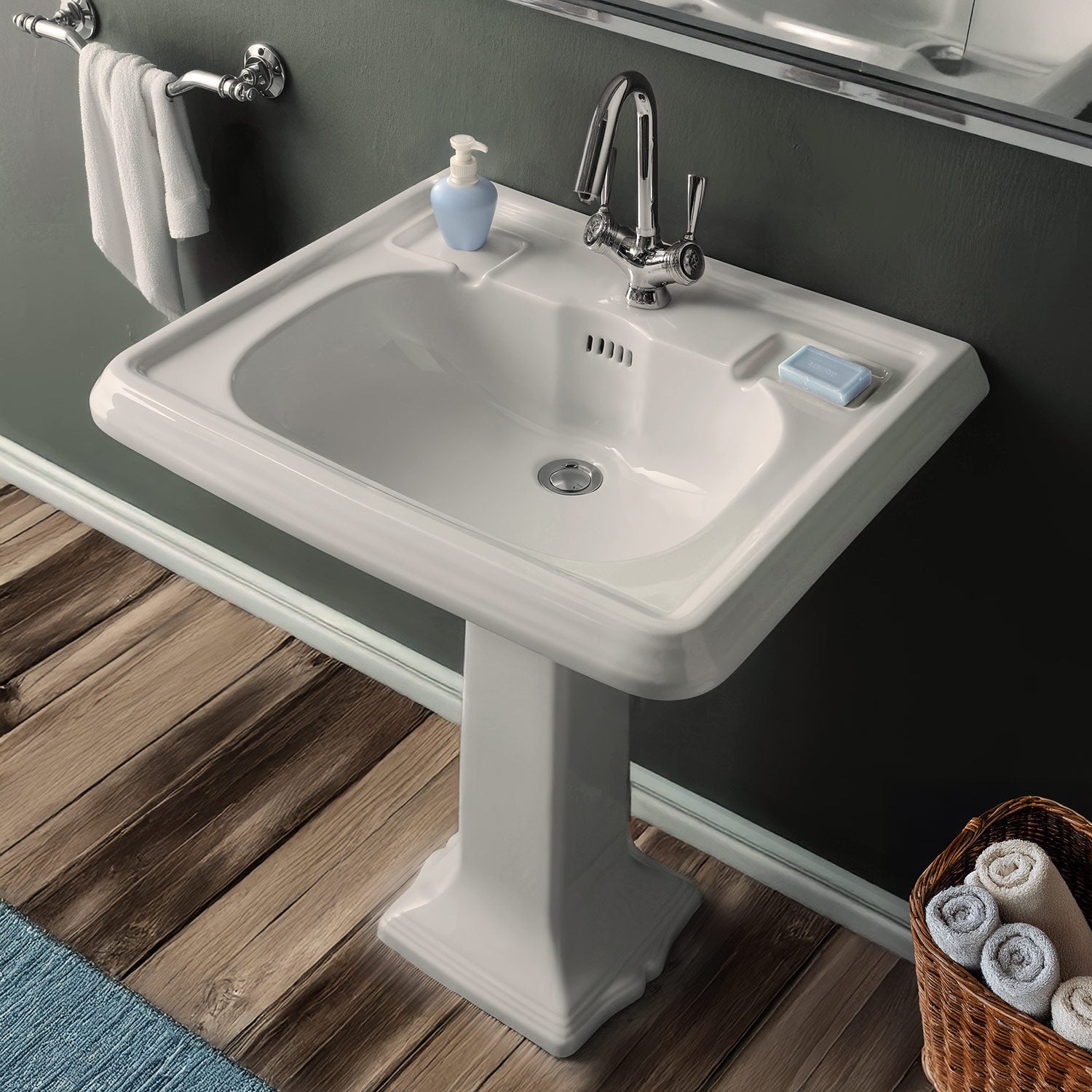 29" Traditional Pedestal Sink with Large Rectangular Bowl, Dual Soap Ledges, Overflow Control Rim and Overflow