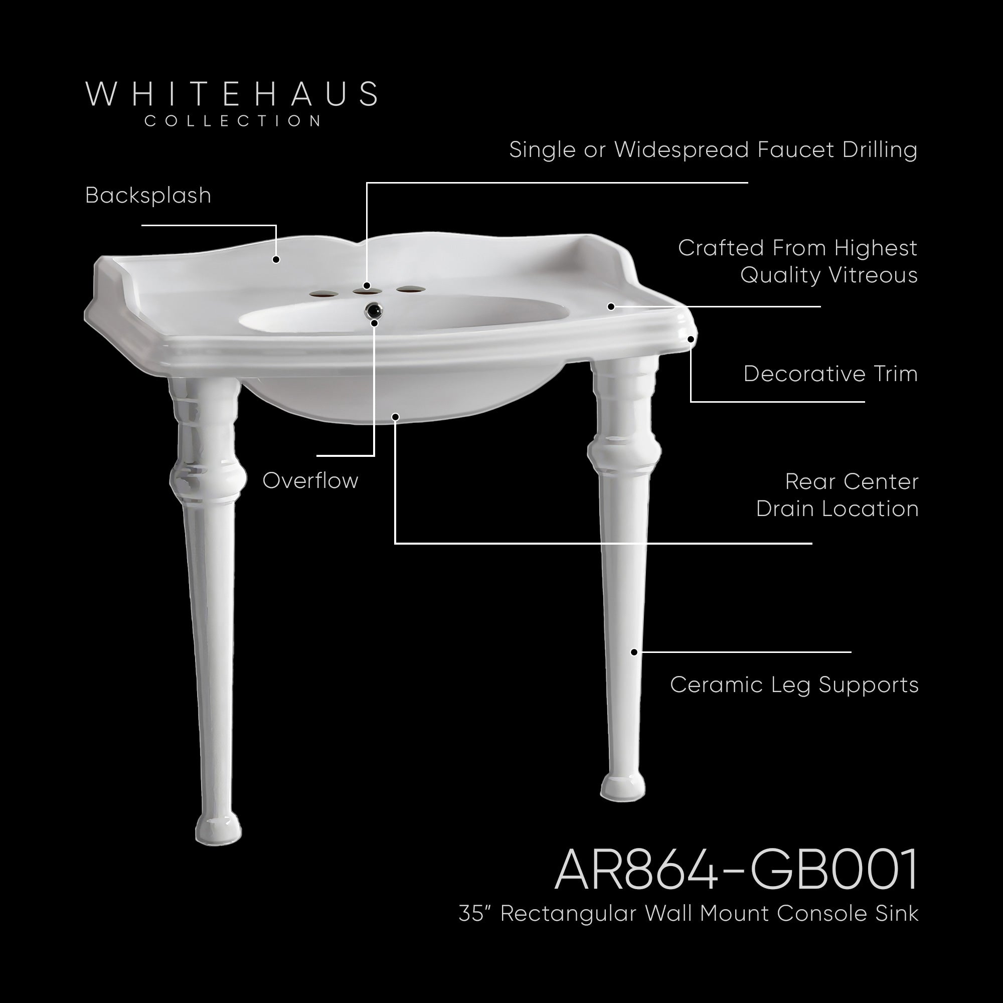 Isabella Collection Rectangular Console with integrated oval bowl, backsplash, ceramic leg support and chrome overflow