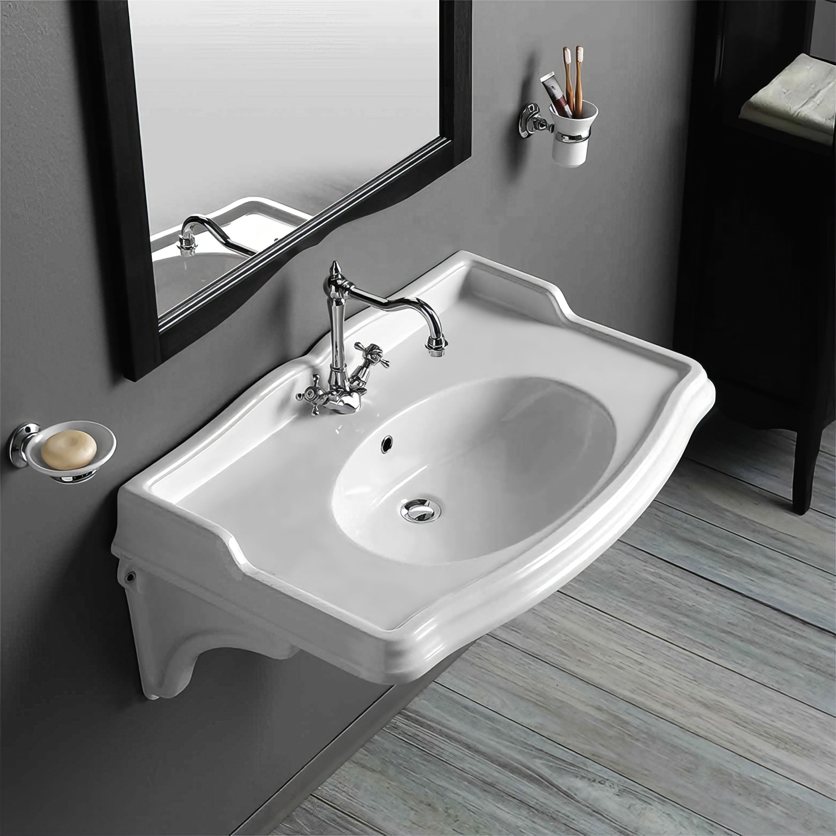 Isabella Collection 40" Rectangular Wall Mount Basin with Integrated Oval Bowl and Ceramic Shelf Supports