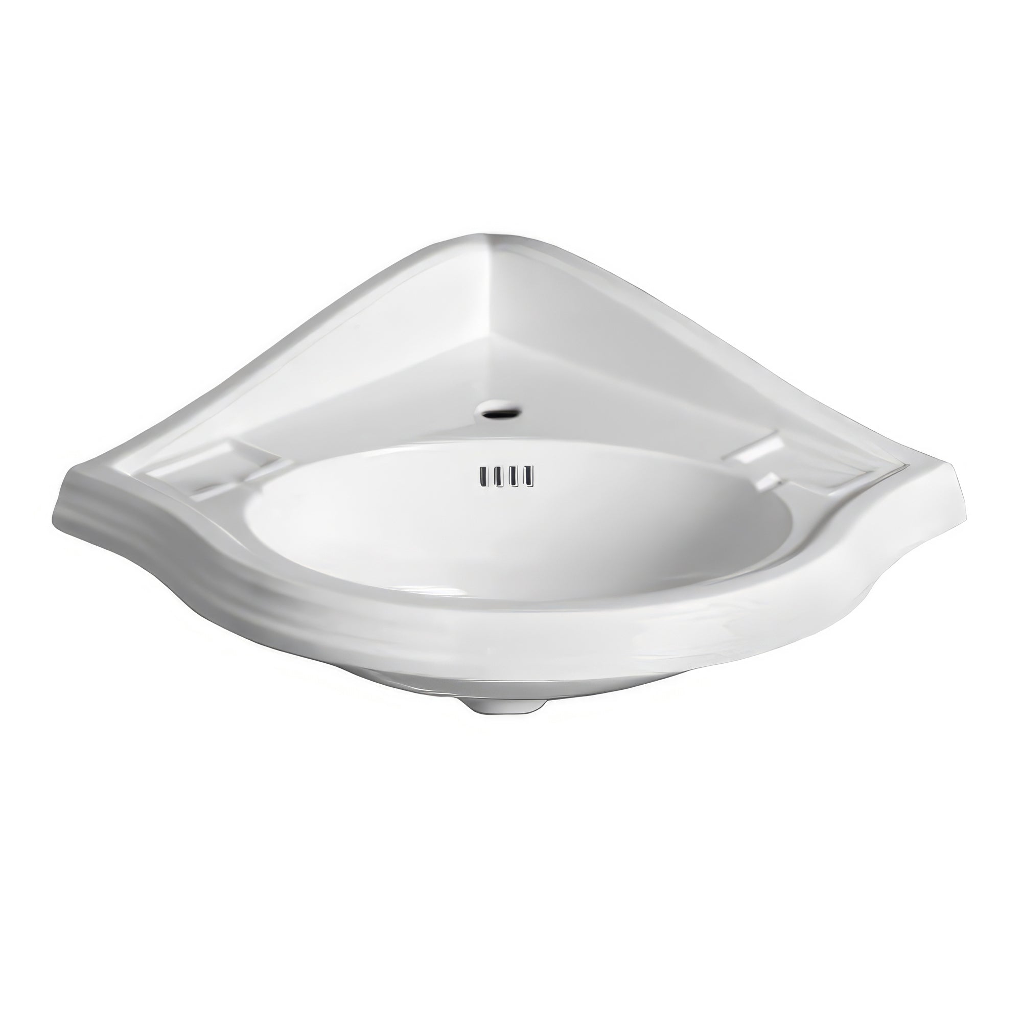 Isabella Collection Corner Wall Mount Basin with Single Hole Faucet Drilling, Oval bowl, Backsplash, Dual Soap Ledges and Overflow