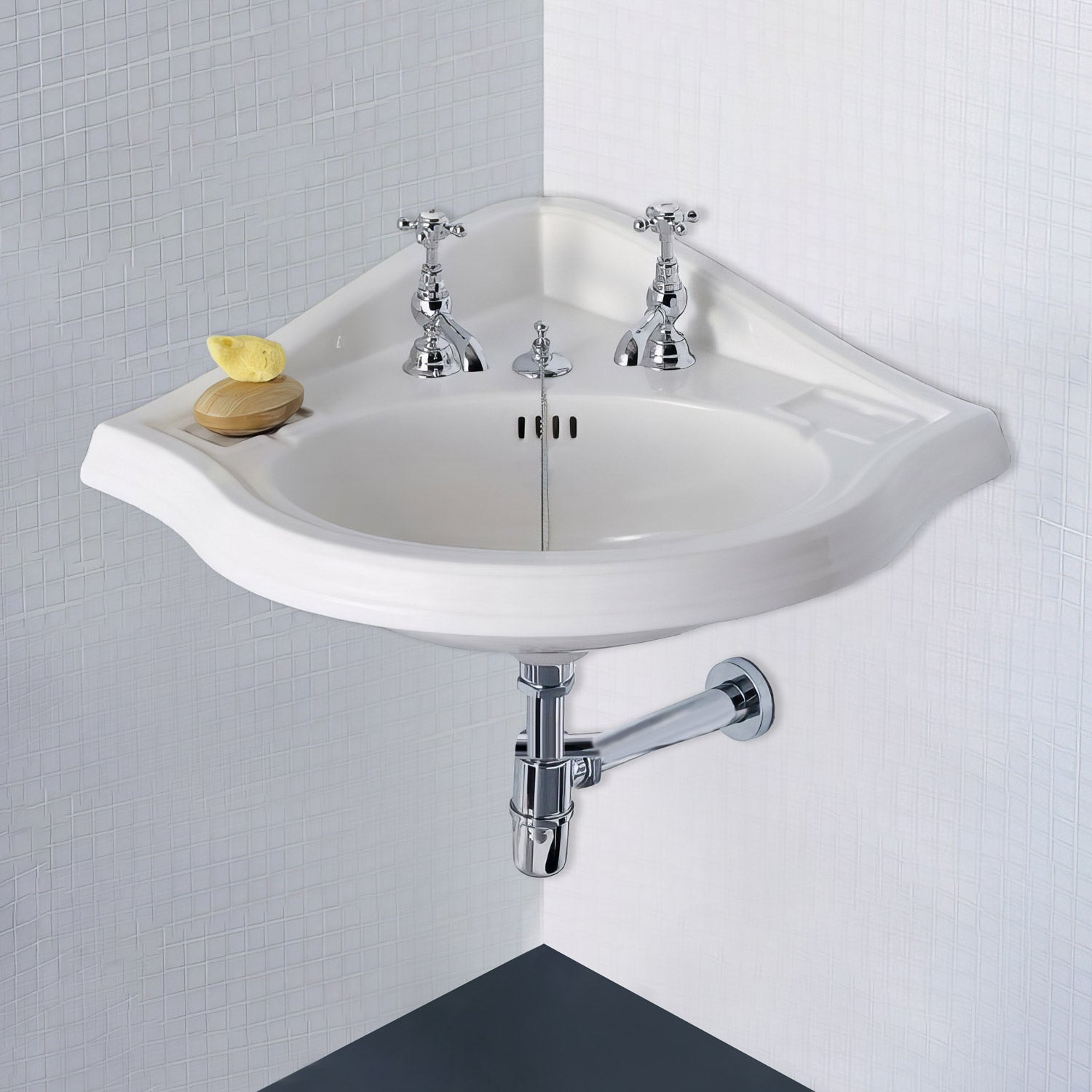 Isabella Collection Corner Wall Mount Basin with Single Hole Faucet Drilling, Oval bowl, Backsplash, Dual Soap Ledges and Overflow