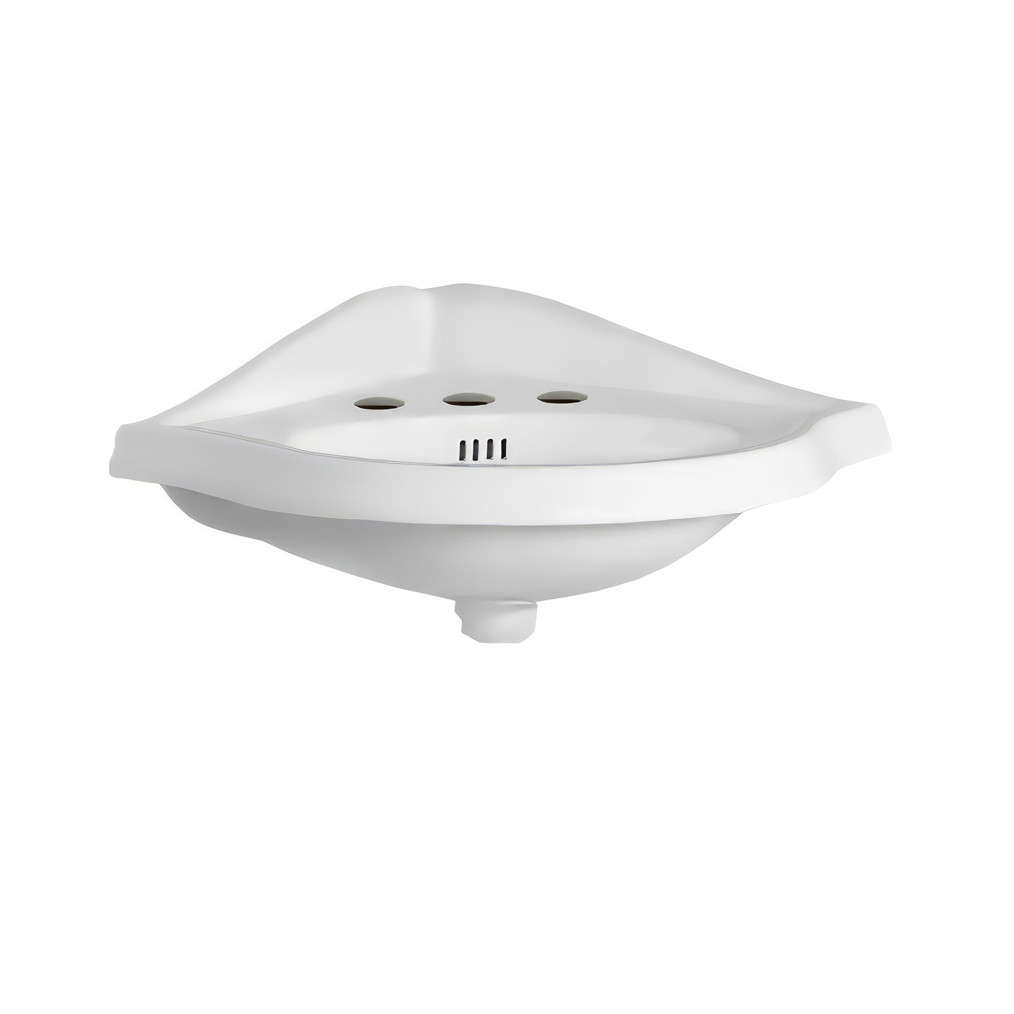 Isabella Collection Corner Wall Mount Basin with Single Hole Faucet Drilling, Oval bowl, Backsplash, Dual Soap Ledges and Overflow